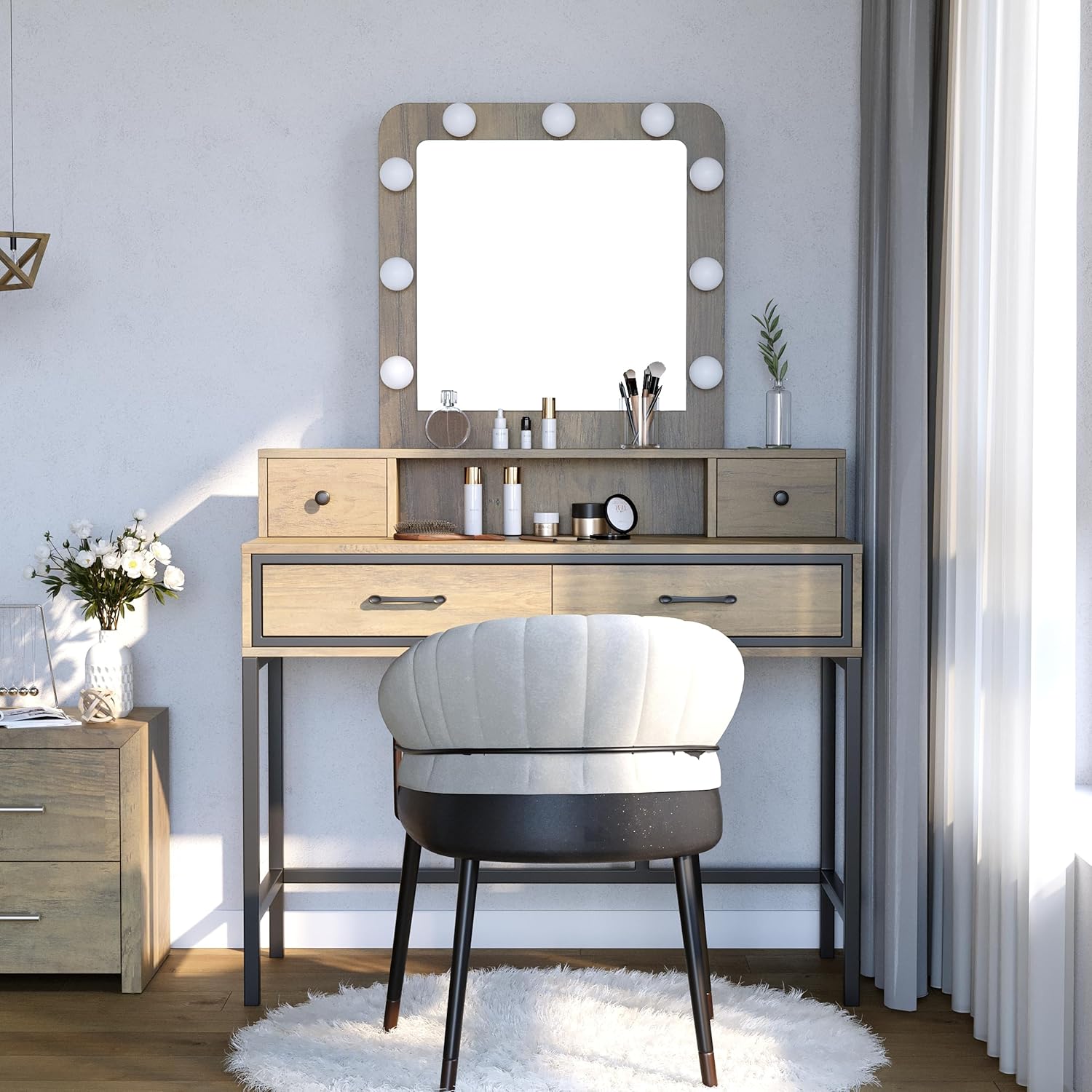 RoyalCraft Vanity with Lights, Makeup Vanity Desk with 3 Color Dimmable Lighted Hollywood Mirror, Brown Vanity with 4 Drawers, Large Dressing Table for Women Girls, Brown