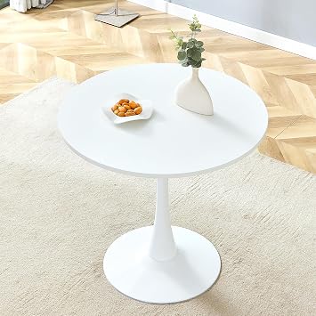 31.9" Round Dining Table for Small Spaces, Modern Tulip Table with Wood Tabletop & Metal Pedestal, Space-Saving Kitchen Table for 2-4 People Ideal for Apartments, Breakfast Nook, Cafe, Easy Assembly