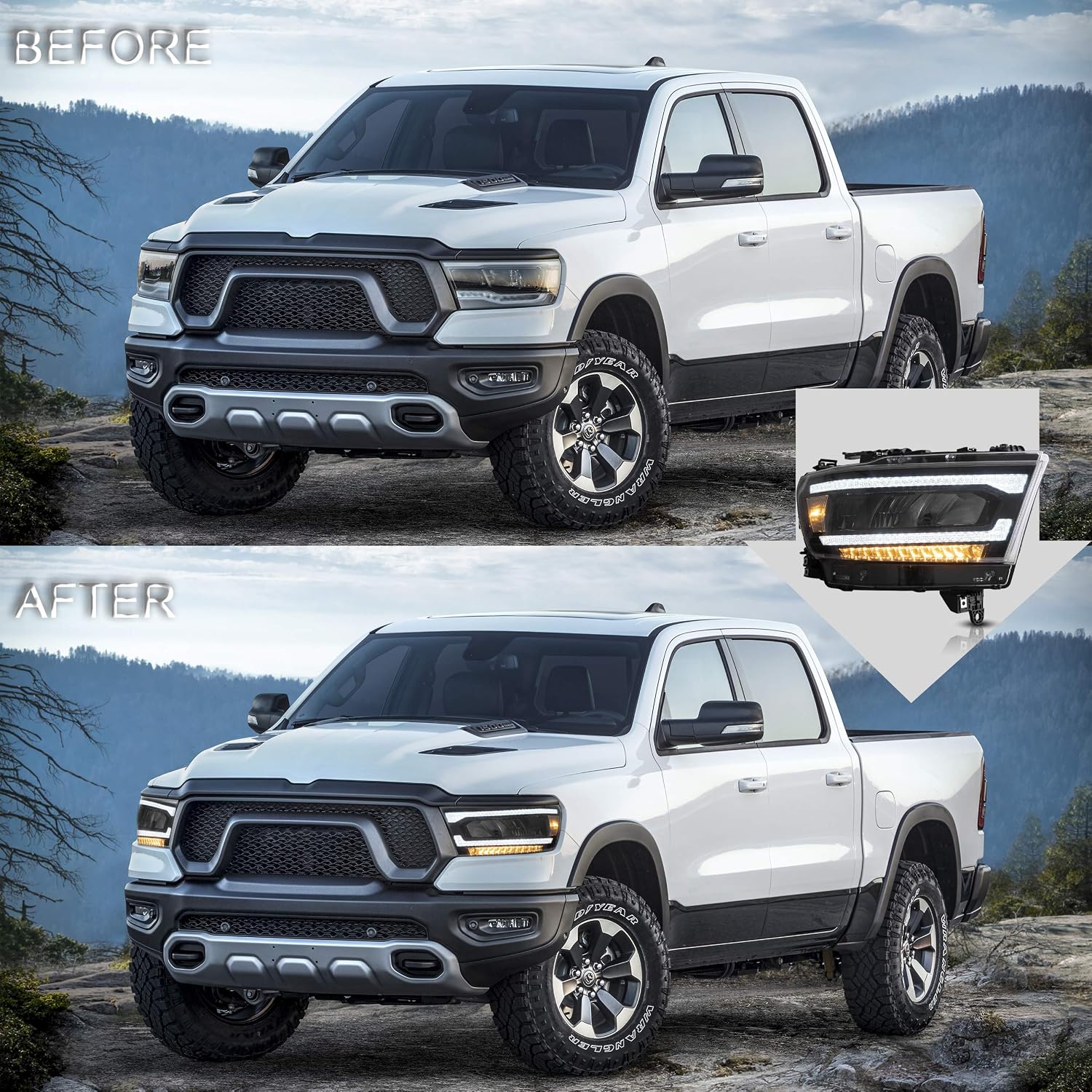 VLAND Headlights Assembly Fit for 2019-2021 Dodge RAM 1500 Tradesman/Bighorn/Laramie/Rebel (Not For Classic and TRX) with LED Reflection Bowl, Front lights w/Sequential Turn Signal, Clear