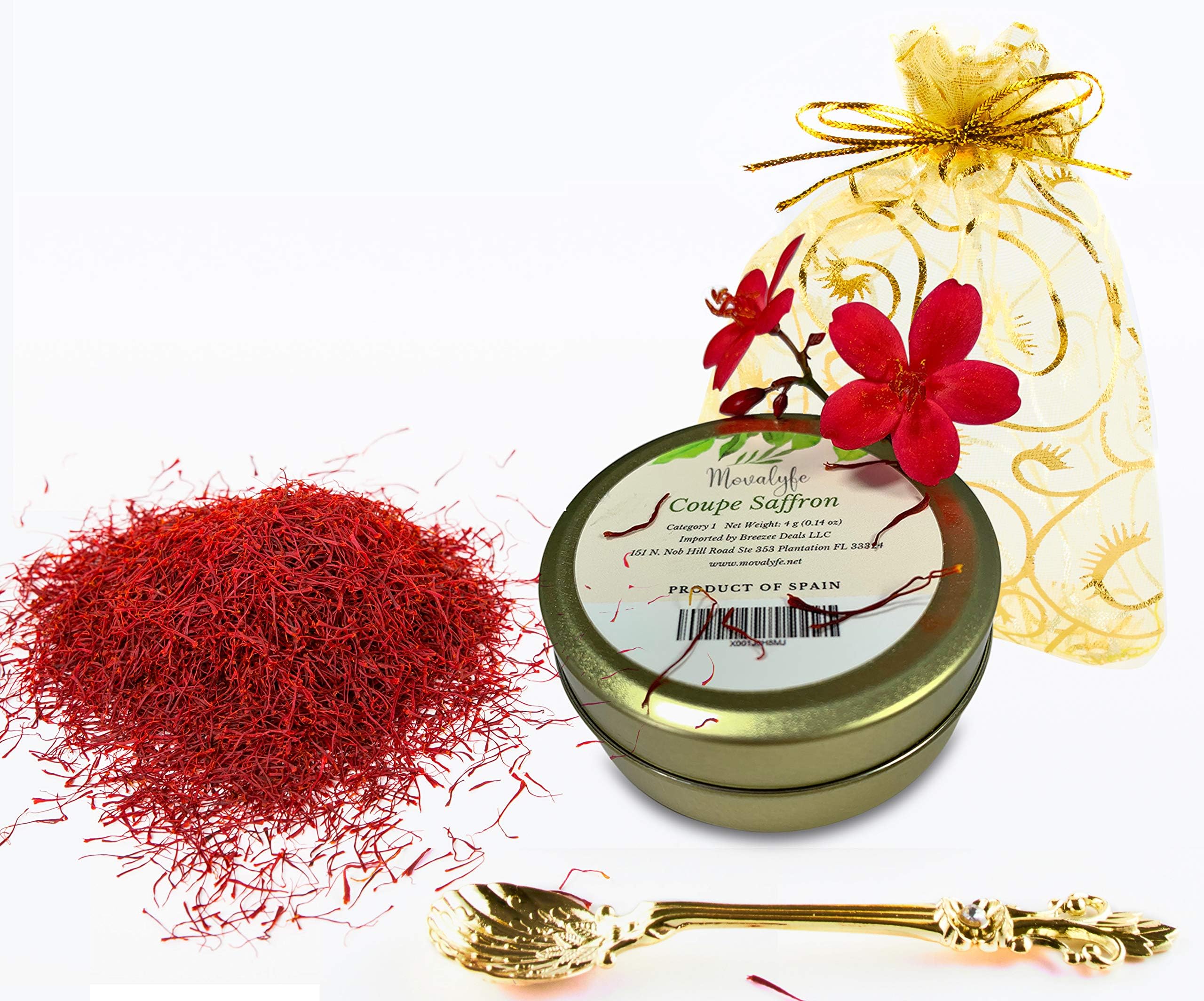 Coupe Spanish Saffron Threads (4 grams) Category 1 Spice Pure Azafran Filaments (Unmatched Aroma and Color for your Paella and Great Gift for Anyone who enjoys Cooking) by Movalyfe with Vintage Spoon