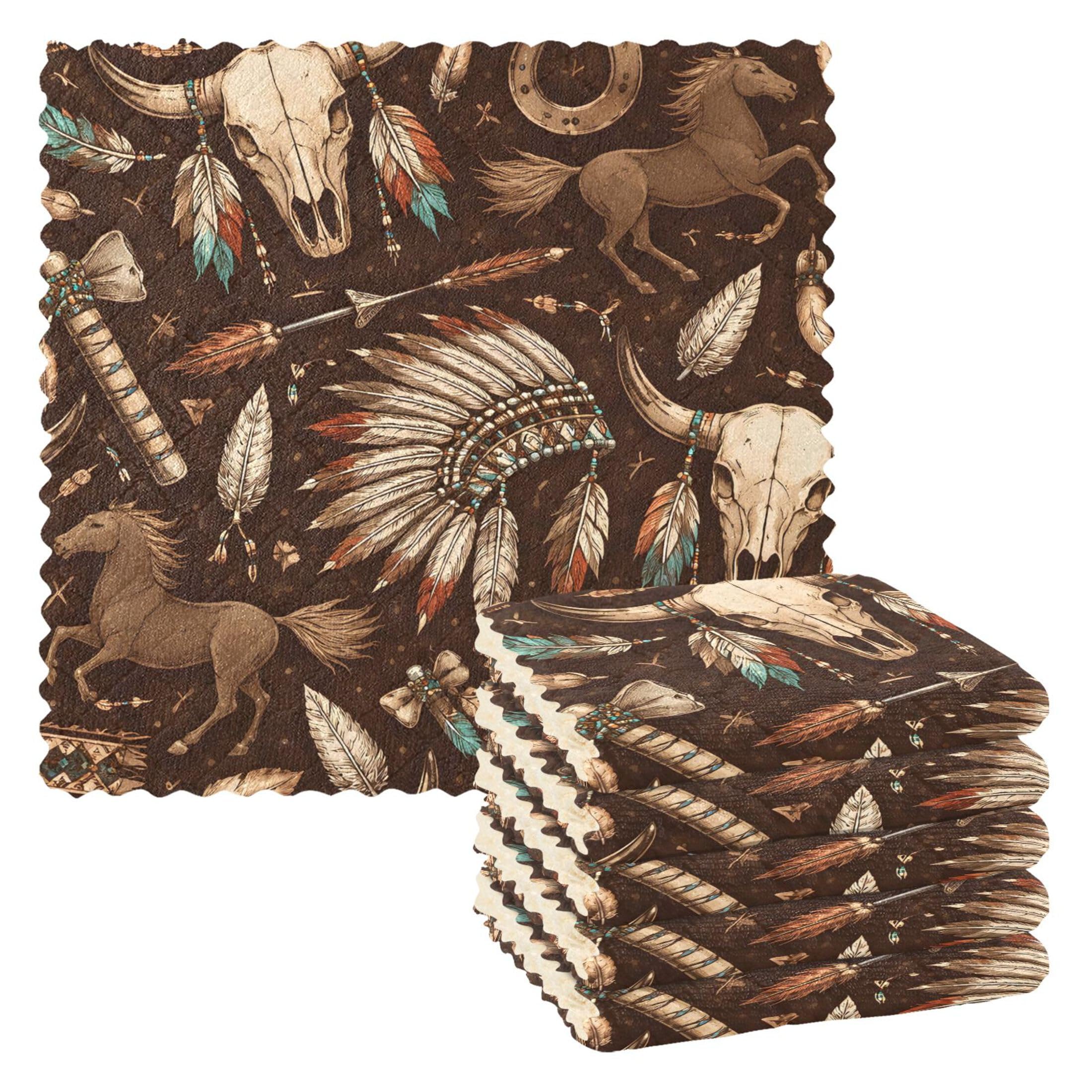 Fuauuyl Tribal Western Cow Skull Kitchen Dish Towel Set of 6, Soft Absorbent Washable Cleaning Cloths Dish Rags Tea Bar Drying Towels, 11x11 In