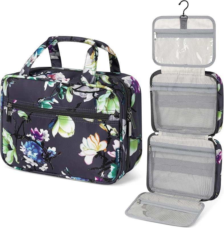PAVILIA Hanging Toiletry Bag for Women, Makeup Organizer w/Hook Floral Grey | Large Foldable Toiletries Organizer with Hood, Water Resistant Makeup Cosmetic Case for Skincare, Shampoo, Dopp Kit