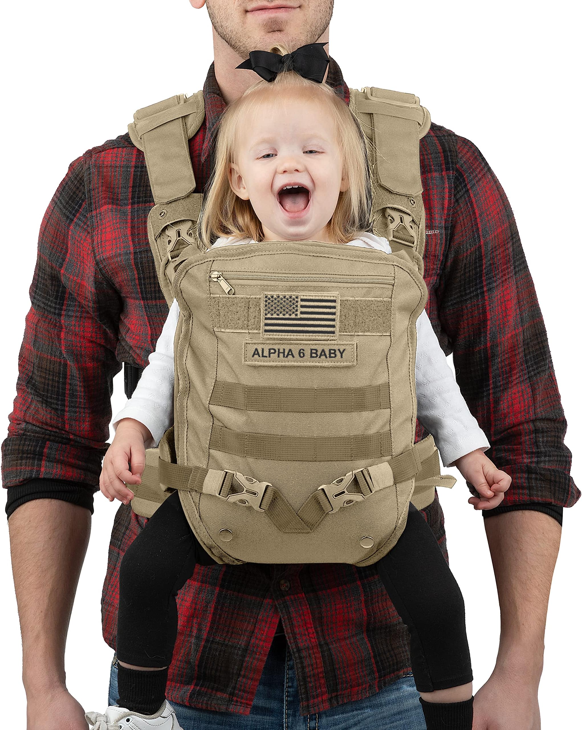 Carrier for Men - Front Facing Baby Holder for Dad, Infant to Toddler - Military Design Carrier with Lumbar Support - Great for Hiking and Travel - Desert Khaki