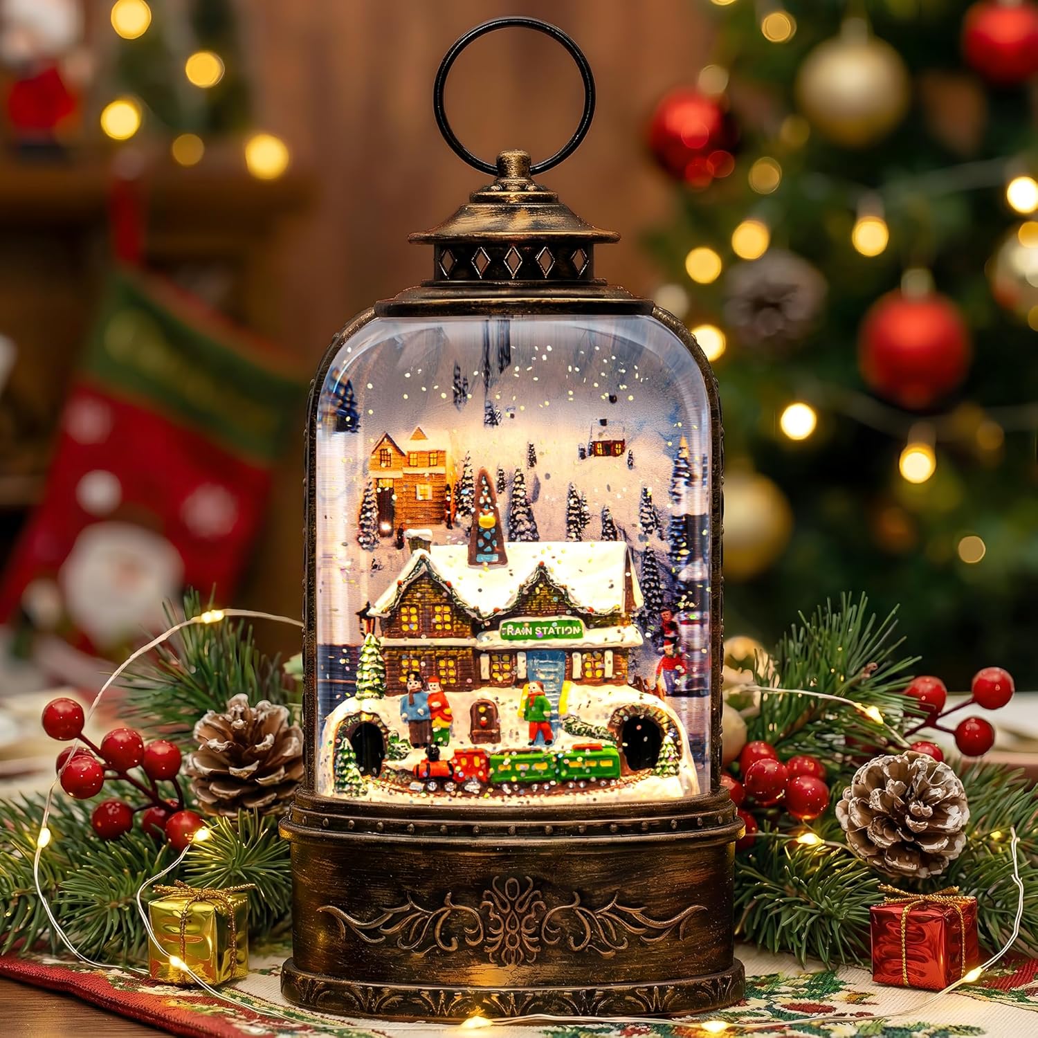 Snow Globe Lantern Lighted Train Station Musical Christmas Village Water Lantern in Swirling Glitter Decoration for Christmas Home, Living Room, Battery Operated or USB Powered