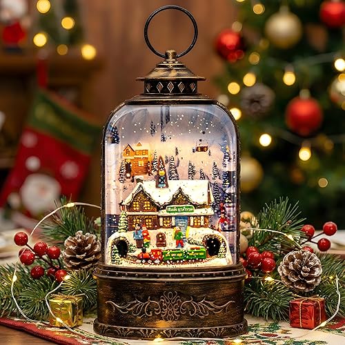 Miniatura 4 de Linterna de globo de nieve iluminada, estación de tren musical de aldea navideña, decoración de remolino con purpurina para el hogar de Navidad,