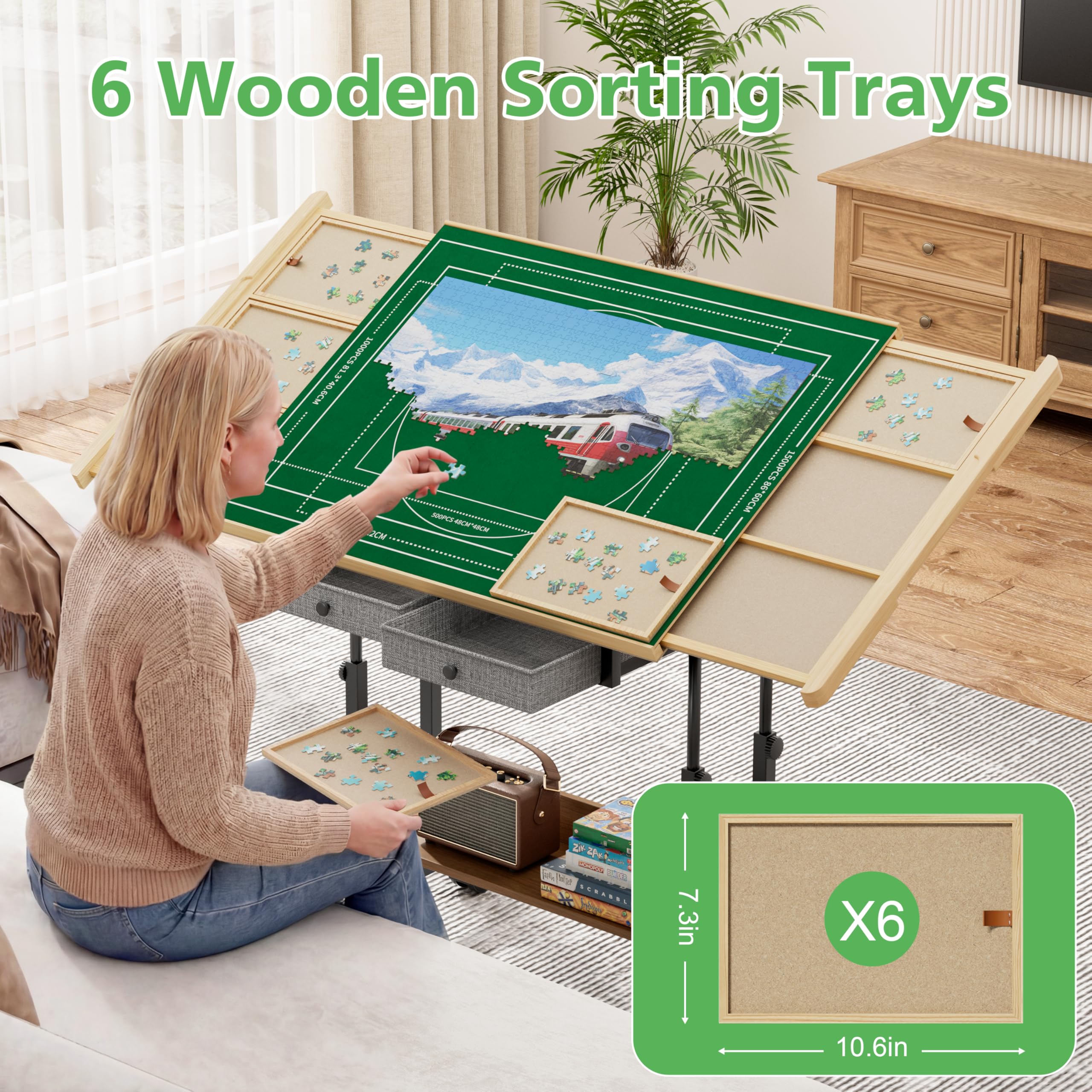 CODACE Puzzle-Tisch mit Schubladen – 1500-teiliges Puzzle-Tisch für Erwachsene, schwenkbares Puzzlebrett mit 6 Sortier-Tabletts und Abdeckung, Tische mit verstellbarem Bein und Rolle, Geschenk für