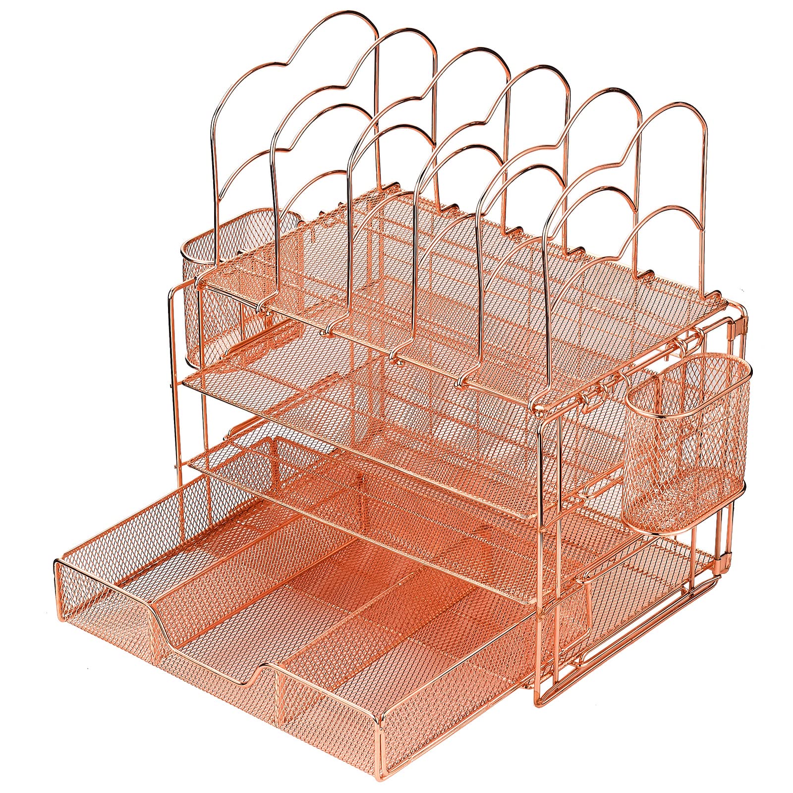 Organizer da Scrivania in Metallo, Organizzatore di File da Scrivania in Rete a Strati con 5 Portadocumenti Verticali e 2 Portapenne, Organizer da Scrivania Multifunzione per Casa(Oro Rosa)