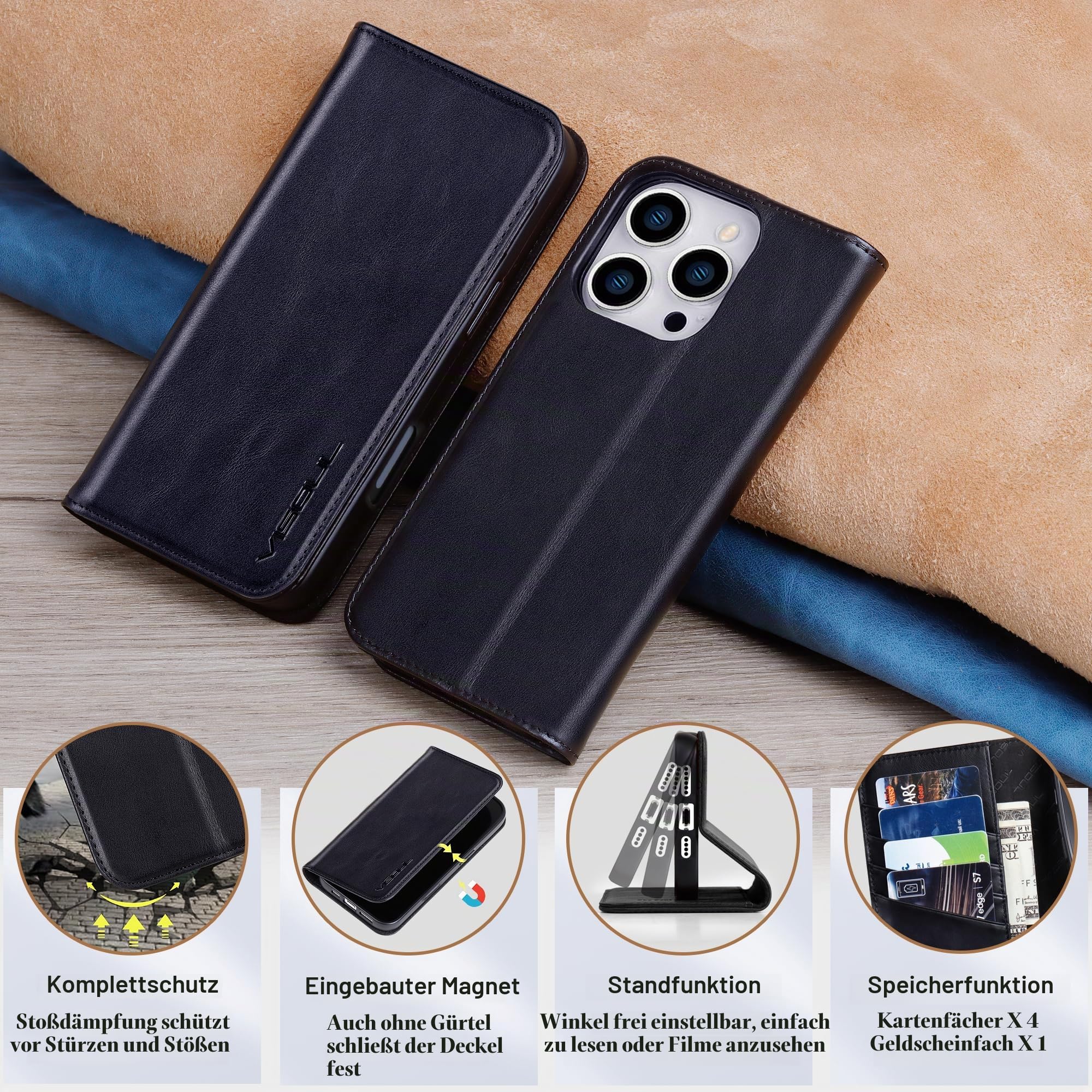 VS VISOUL Hülle für iPhone 16 Pro max,Schutzhülle Echt Leder Schützt vor Stoß Kartenfach Magnetverschluss Stand klappbar handyhülle Handytasche Etui Case für iPhone 16 Pro max Schwarz A