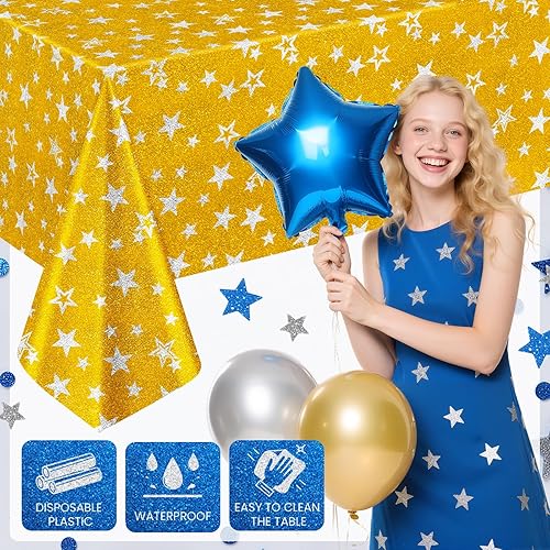 Miniatura 3 de Paquete de 2 manteles de plástico con purpurina de estrella azul dorada, 40 x 70 pulgadas, desechables con estampado brillante y de estrellas