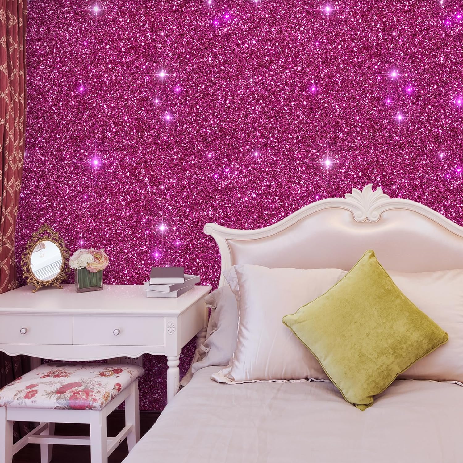 VEELIKE Sparkle Hot Pink Chunky Glitter Peel and Stick Wallpaper Pink Glitter Contact Paper for Cabinets Walls Drawers 15.7''x354'' Self Adhesive Removable Pink Glitter Wallpaper for Girls Bedroom