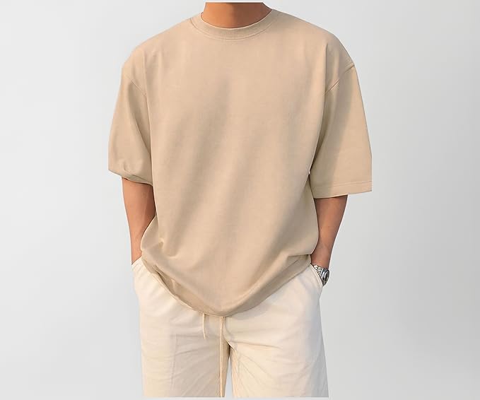 BARKEYO Men's Half Sleeve Round Neck French Terry Oversized Drop Shoulder Over Sized Tshirt for Man (HS-Plain) Beige