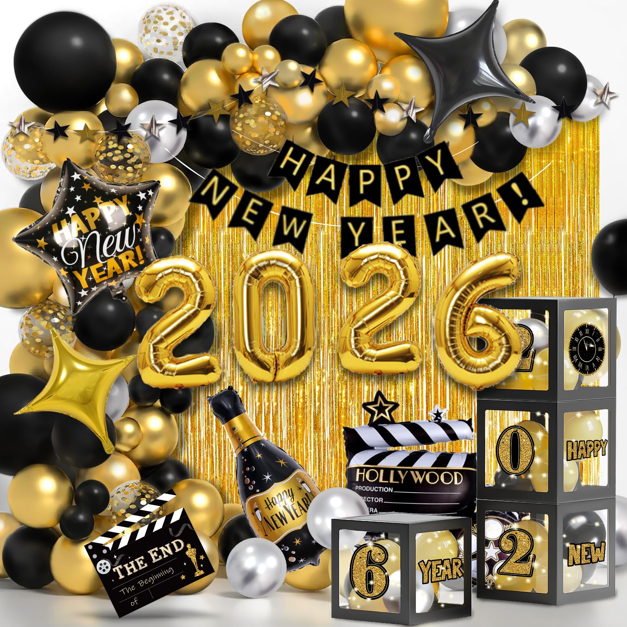 Party Spot! Happy New Year Decorations 2026 Black and Gold, Happy New Year Decorations Kit,2026 Balloons Boxes, "Happy New year"Banner,Fringe Curtains