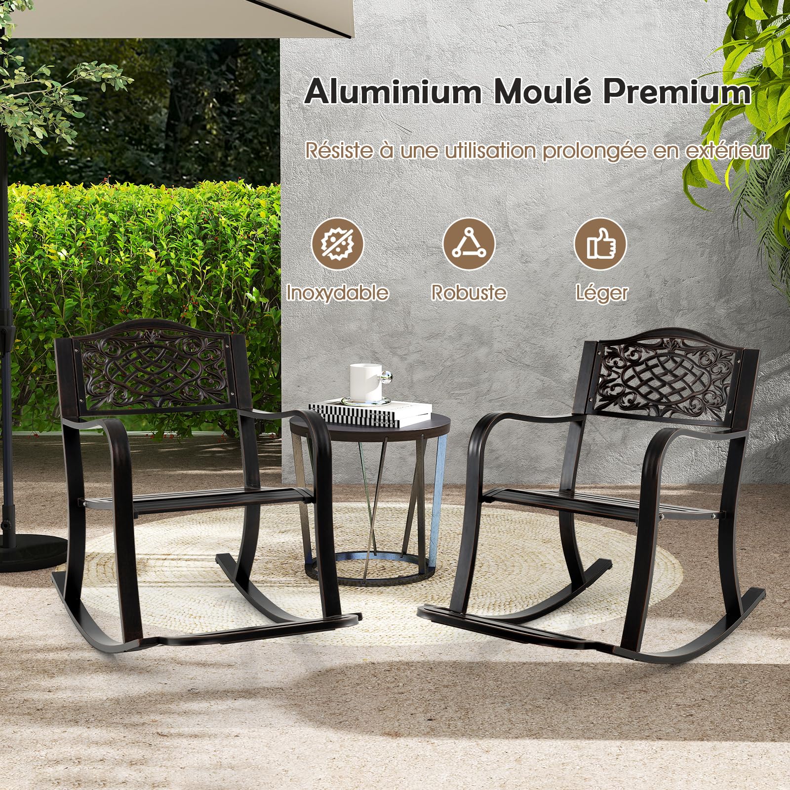 COSTWAY Fauteuil a Bascule Exterieur en Aluminium Coulé, Chaise a Bascule avec Repose-Pied, Dossier à Motifs, Siège à Lattes, Rocking Chair Extérieur pour Jardin Porche, Charge 150kg, 102x62,5x89 cm