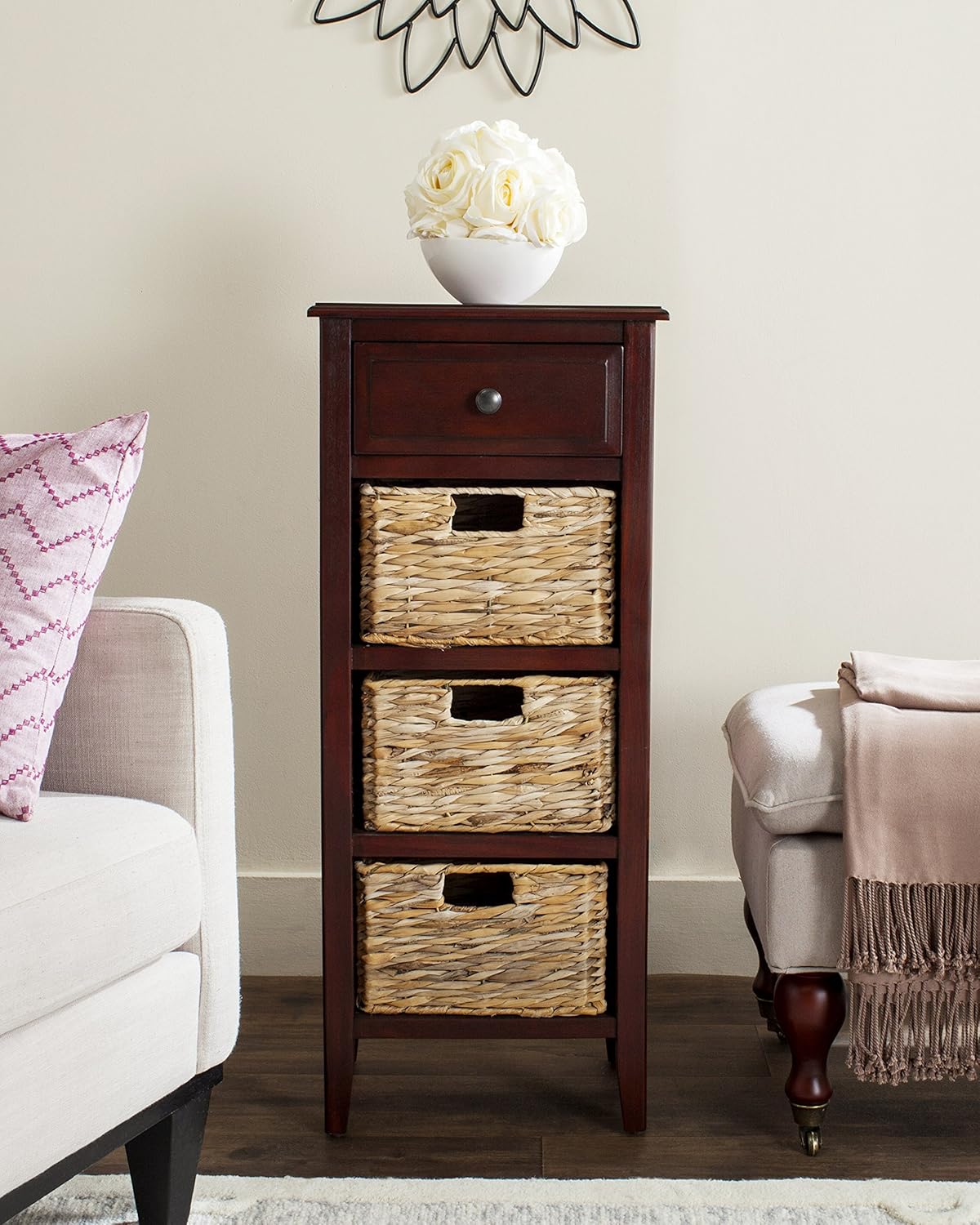 SAFAVIEH Furniture - Michaela 1-Drawer Storage Unit - Cherry - Solid Wood - Farmhouse Basket Tower Design - Ideal for Living Room, Entryway, 15"W x 12"D x 36"H - Fully Assembled (AMH5744C)