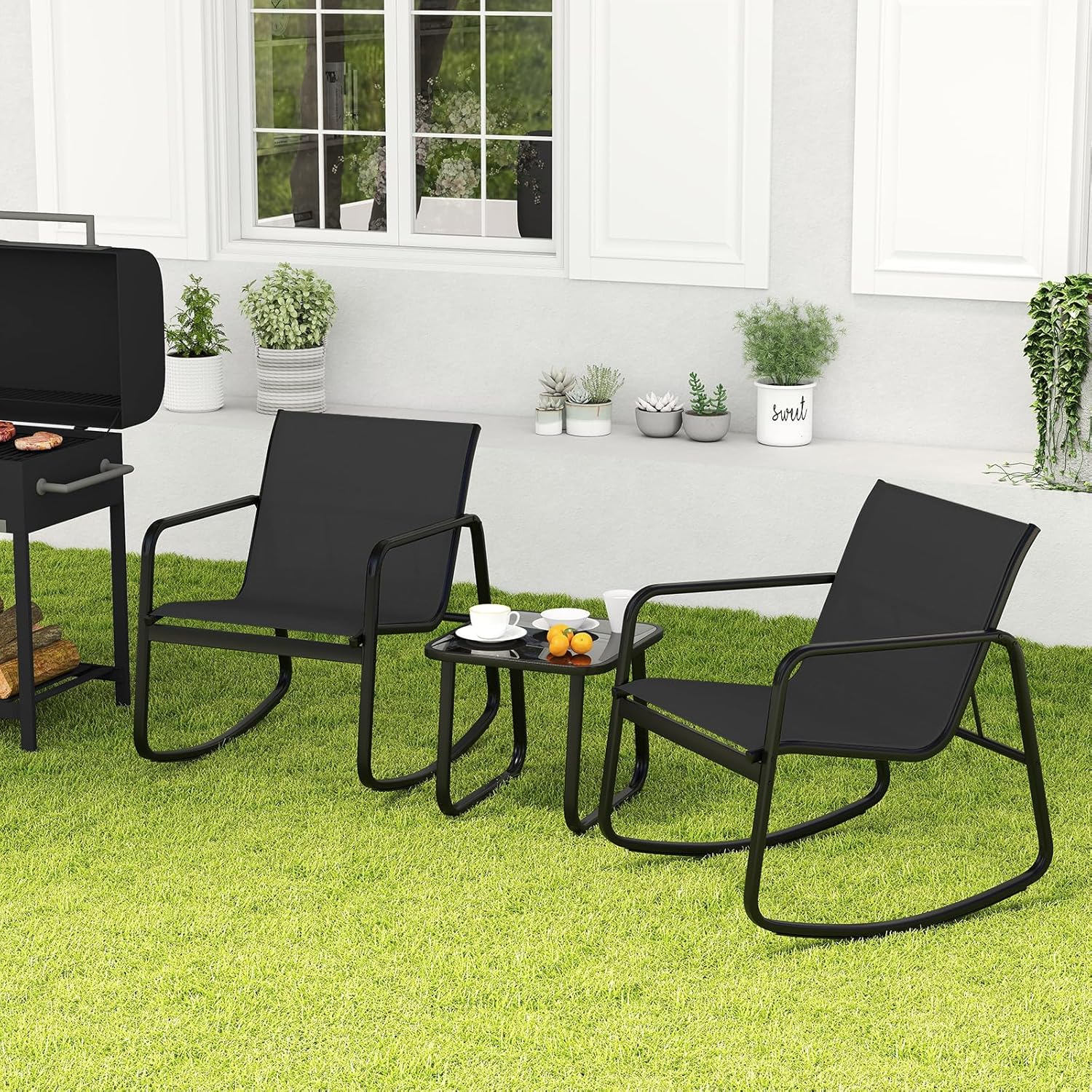 Tangkula 3 Piece Rocking Bistro Set, Patio Furniture Set with 2 Rocking Chairs & Glass-Top Coffee Table, Outdoor Rocker Chair Conversation Set for Porch, Balcony, Poolside, Garden, Backyard (Black)