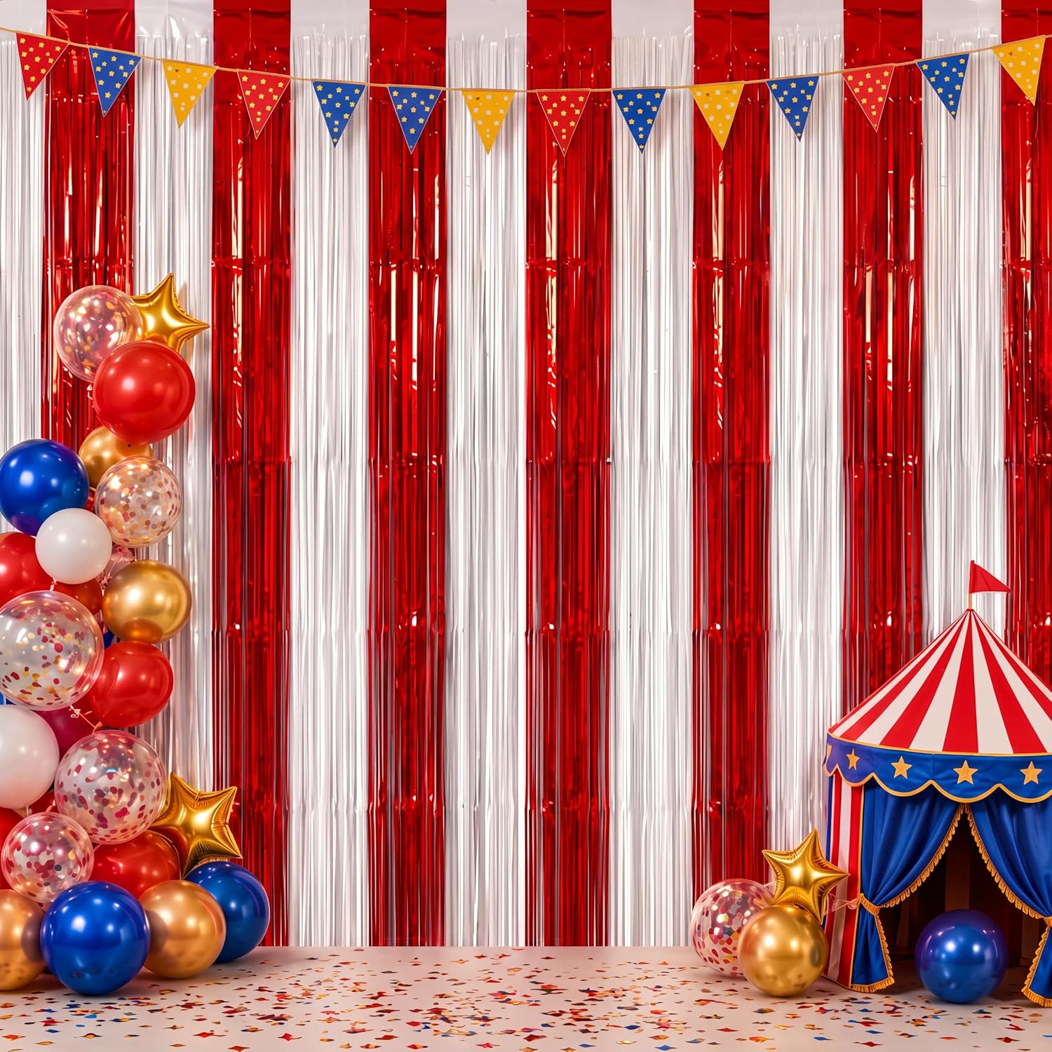 4 Pack Carnival Circus Theme Red and White Foil Fringe Curtain Backdrop