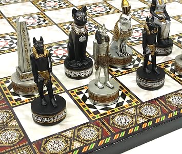 Egyptian Anubis Chess Set Black and Silver with Gold Accents and 17" Mosaic Color Board