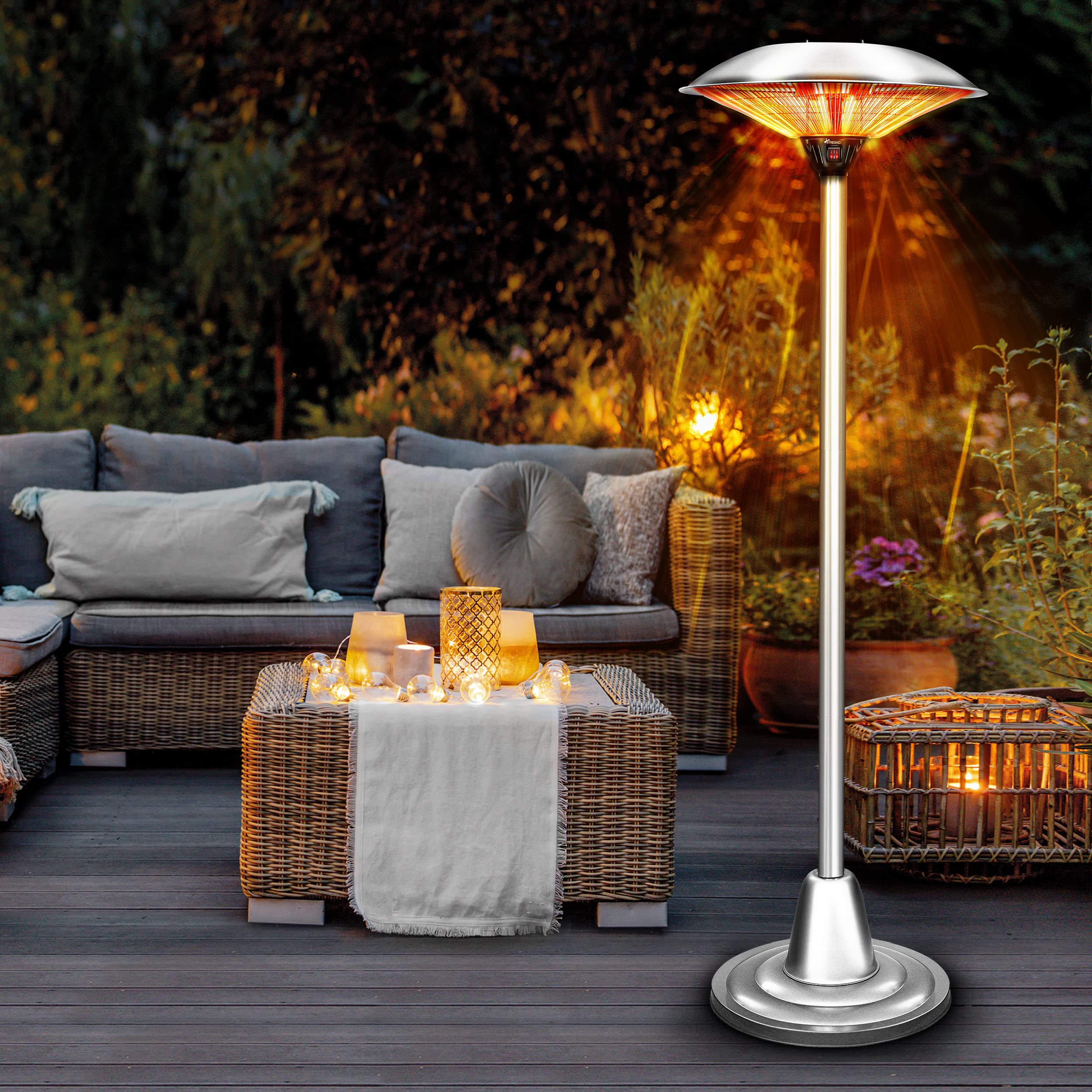 TRESKO Infrarot Heizstrahler 2500W | Heizpilz Terrasse elektrisch mit 2 Heizstufen | Terrassenstrahler Innen & Außen | Standheizstrahler mit LED-Anzeige Quarzstrahler Infrarotstrahler