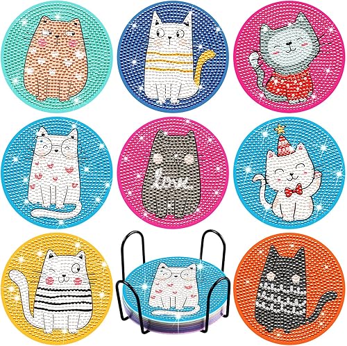 Uiifan Juego de 8 posavasos de pintura de diamantes para gatos con soporte, kit de posavasos para gatos, bonitos posavasos de arte de diamantes