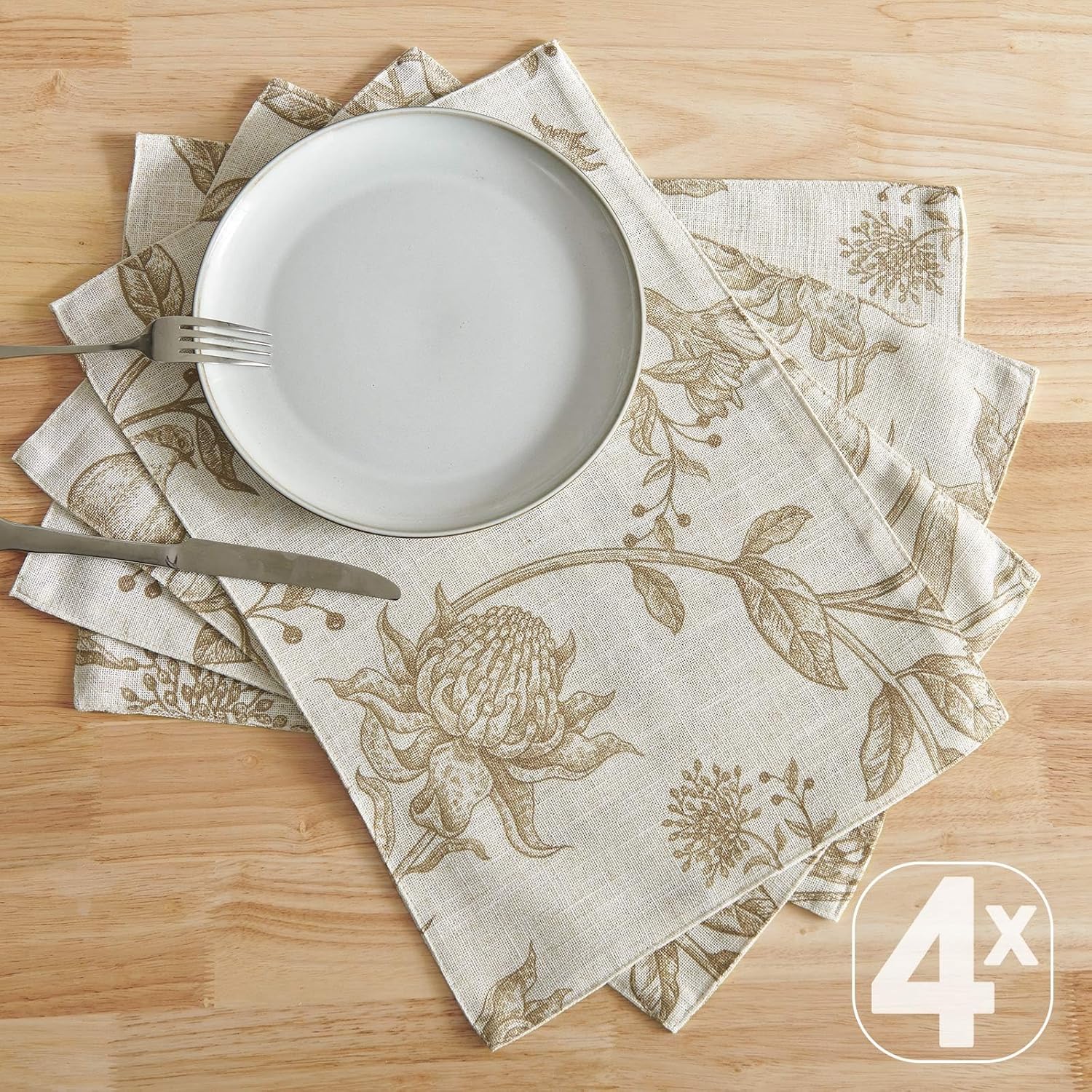 JINCHAN Linen Floral Placemats Set of Cloth Table Mats Rustic Cottagecore Botanical Outdoor Seasonal for Kitchen Dining Decor Heat Resistant Non-Slip Washable Tablemats 13x19 Inch Tan