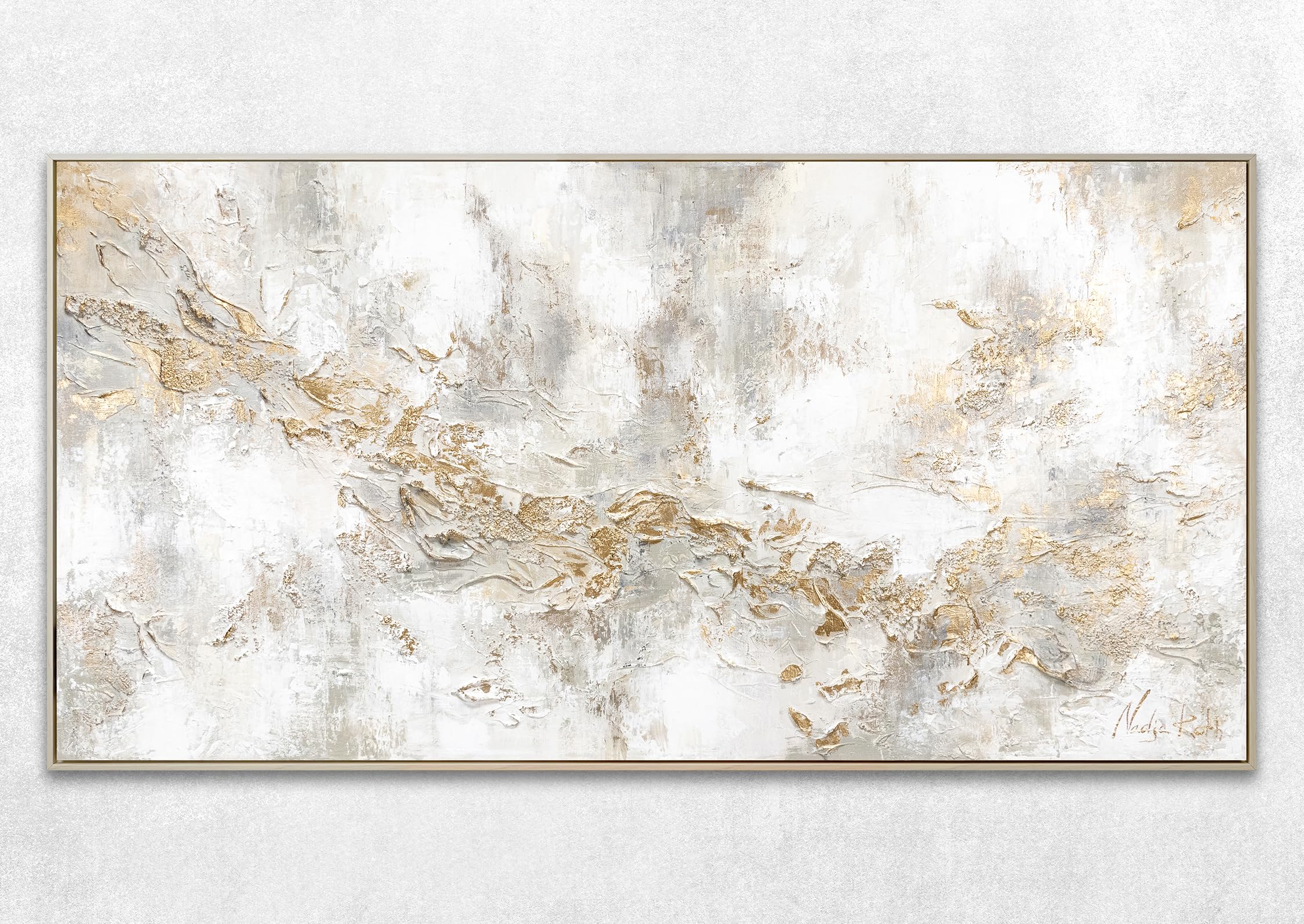 YS Tableau decoration murale salon peinte à la main Histoire Peinture moderne dans des tons beige clair avec des lignes dorées Surface texturée avec cadre 160x80 cm