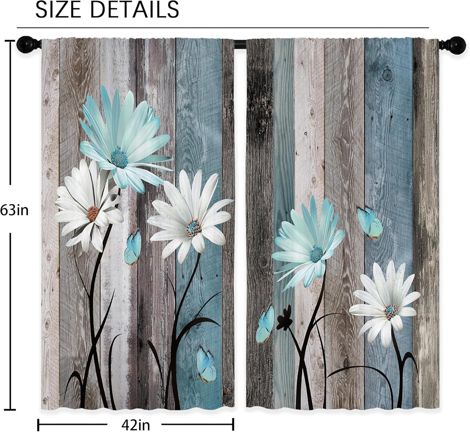Teal Farmhouse Daisy Curtains, Wooden Flower Window Curtains 42x63 Inch for Bedroom Living Room Decor, Rustic Floral Butterfly Country Drapes Treatment Draperies Fabric Rod Pocket (2 Panels