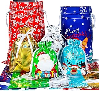YQL 30PCS Christmas Drawstring Gift Bags Assorted Sizes,Christmas Gift Wrapping Sacks Xmas Presents Fast Wrapping for Birthday Holiday Party Favor