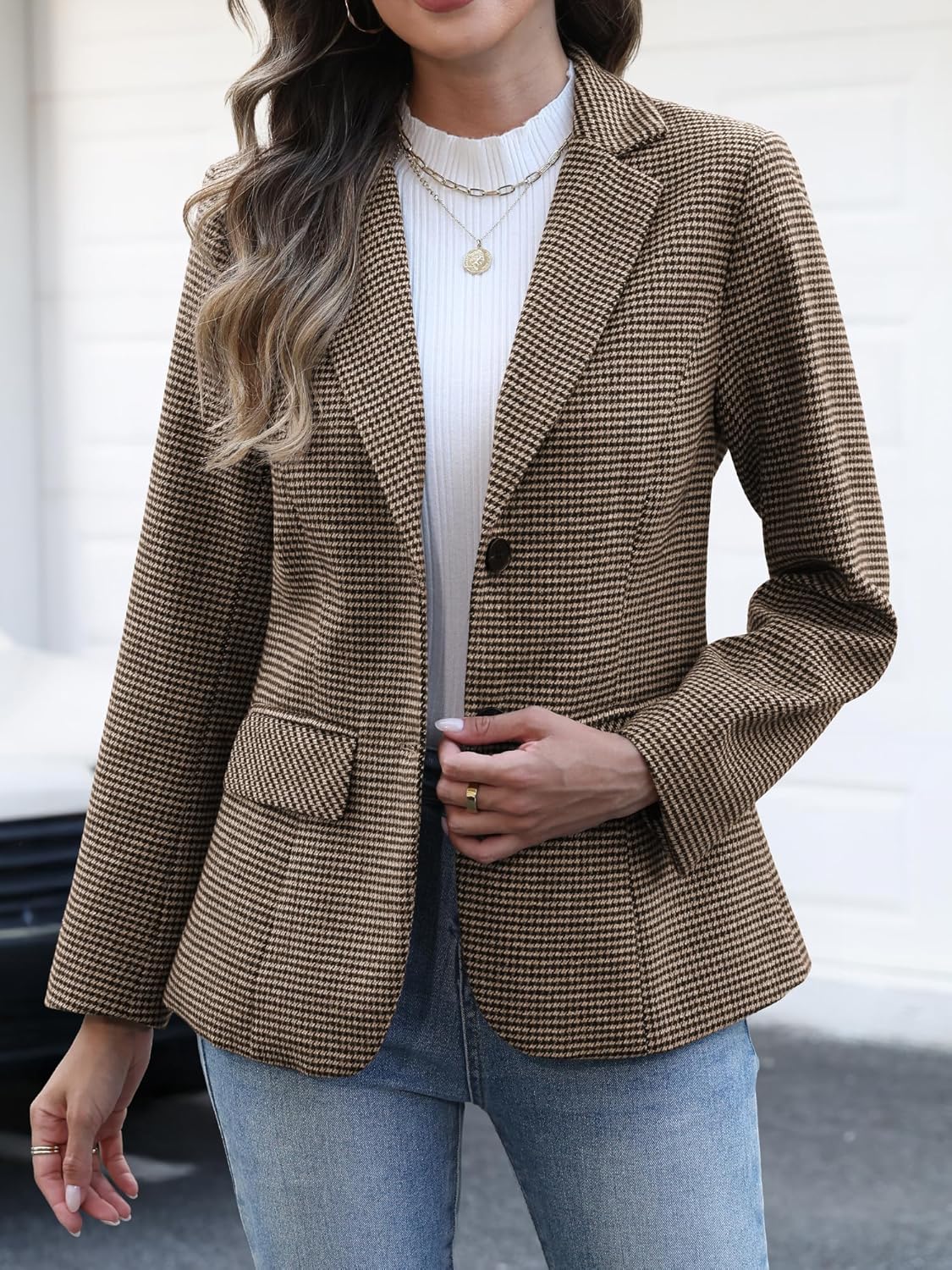 ELLEVEN Women's Lapel Collar Plaid 2 Button Boyfriend Blazer Suit Houndstooth Work Office Blazer Jacket - Image 2
