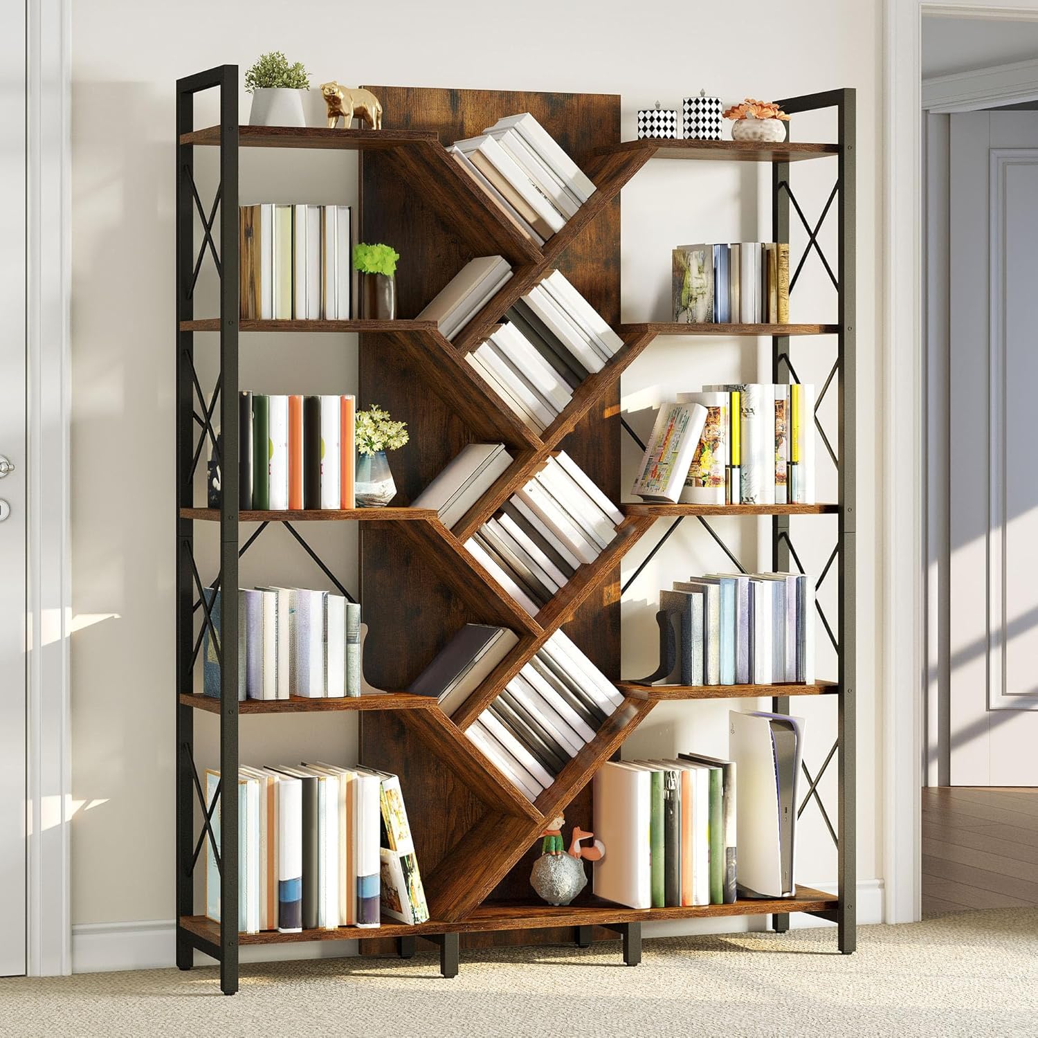 DWVO Industrial Tree Bookshelf, Large 5 Tier Bookcase Tall Standing Book Shelves Organizer Display Rack for Living Room Home Office, Rustic Brown
