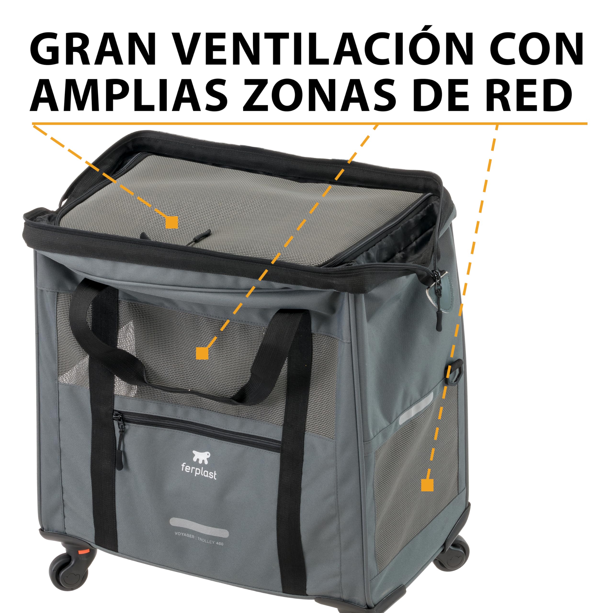 Ferplast Transportin Gato Voyager Trolley, Transportín Perro, Mochila para Gatos, Asa Extensible, Correas Ajustables, Apertura Amplia, Ruedas Desmontables, Máx. 15 kg, 46 x 26 x 48H cm, Gris