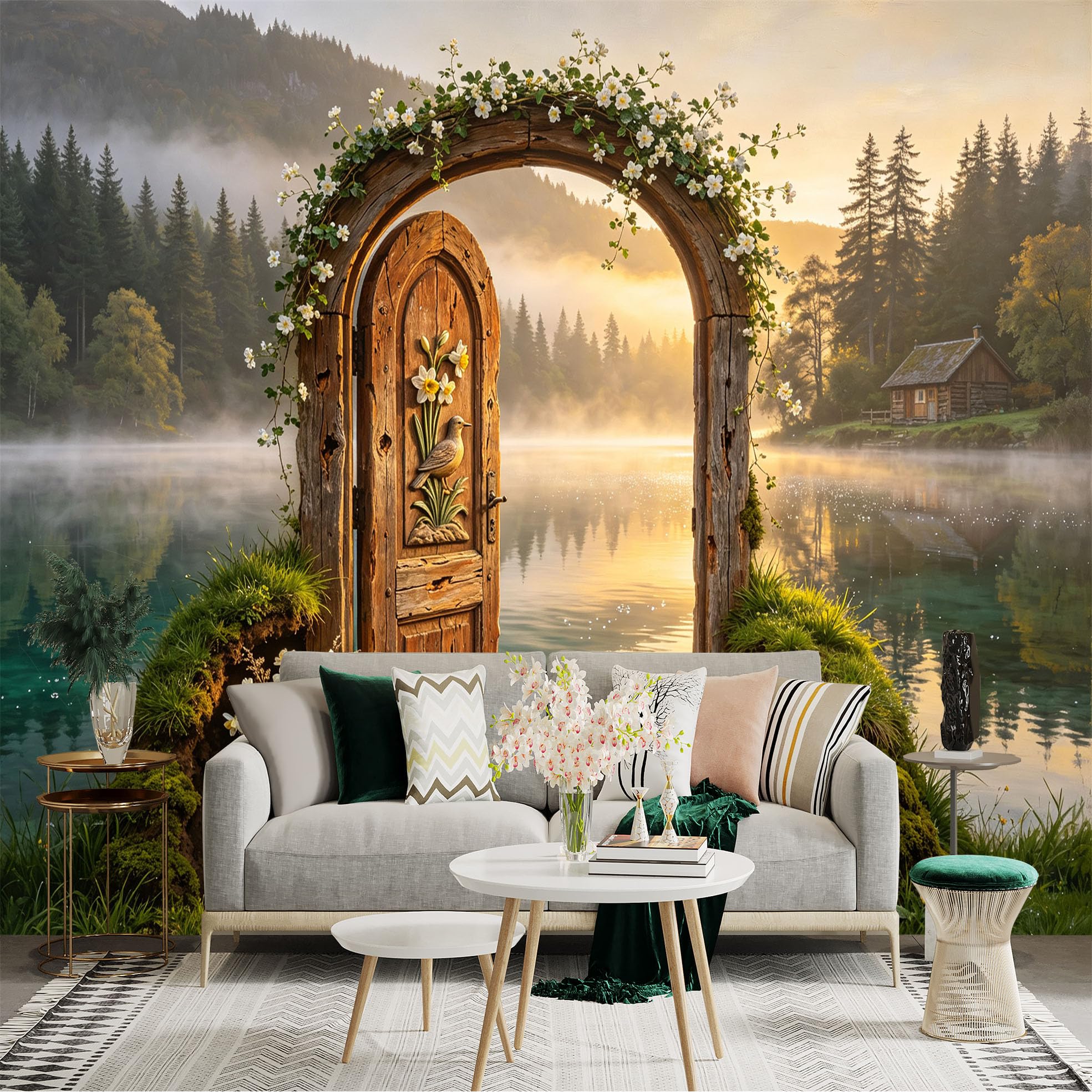 Custom Size Wall Sticker Mural， Rustic Wooden Door by Misty Lake with Forest Cabin and Flowers， for wall Decoration， peelandstick wall Decals.