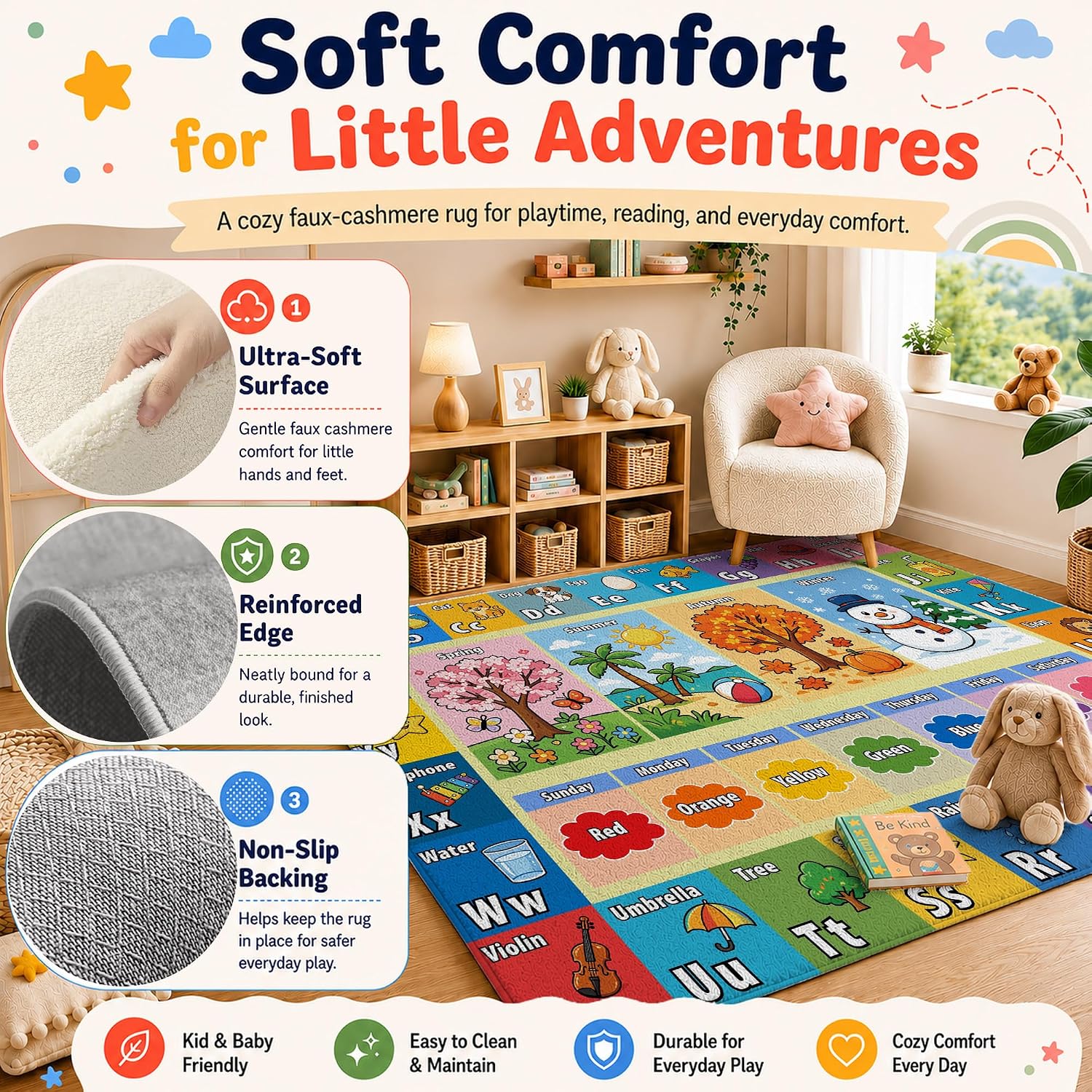 ABC Words Kids Rug, Alphabet Learning Playroom Carpet, 5 x 7 ft
