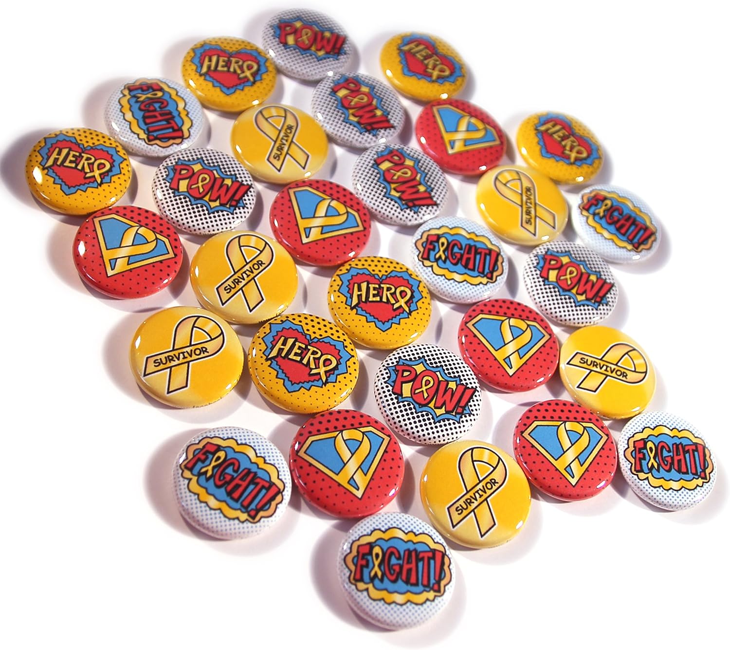 Childhood Cancer Mini Buttons, Superhero/Comic Book Style (1" Pins, 30 piece set)
