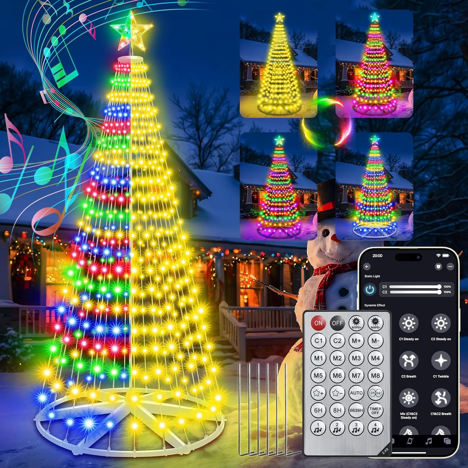 7.5ft Smart Pre-lit LED Cone Christmas Tree - 30+ Modes 411 Color Changing Lights with App & Remote Control, Timer, Music Sync for Indoor or Outdoor (White Finish) App & Remote & White 7.5ft