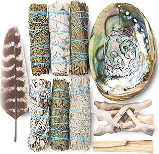 Sage Variety Smudge Kit - White Sage, Blue Sage, Cedar, Juniper, Yerba Santa, Palo Santo, Rosemary, Abalone Shell, Stand, ...