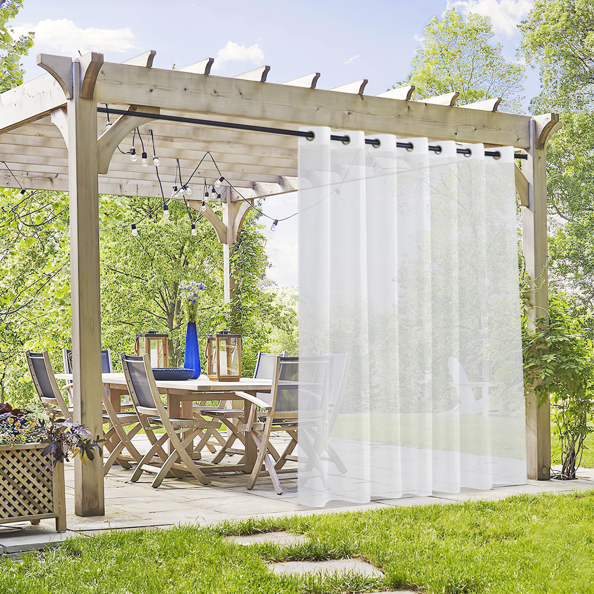 PONY DANCE Voilage Blanc - Rideaux d'Extérieur Voilage avec Oeillets Lumière Filtrer pour Interieurs ou Exterieurs Decoration Jardin Patio Maison, L 254 sur H 243 cm, 1 Pièce