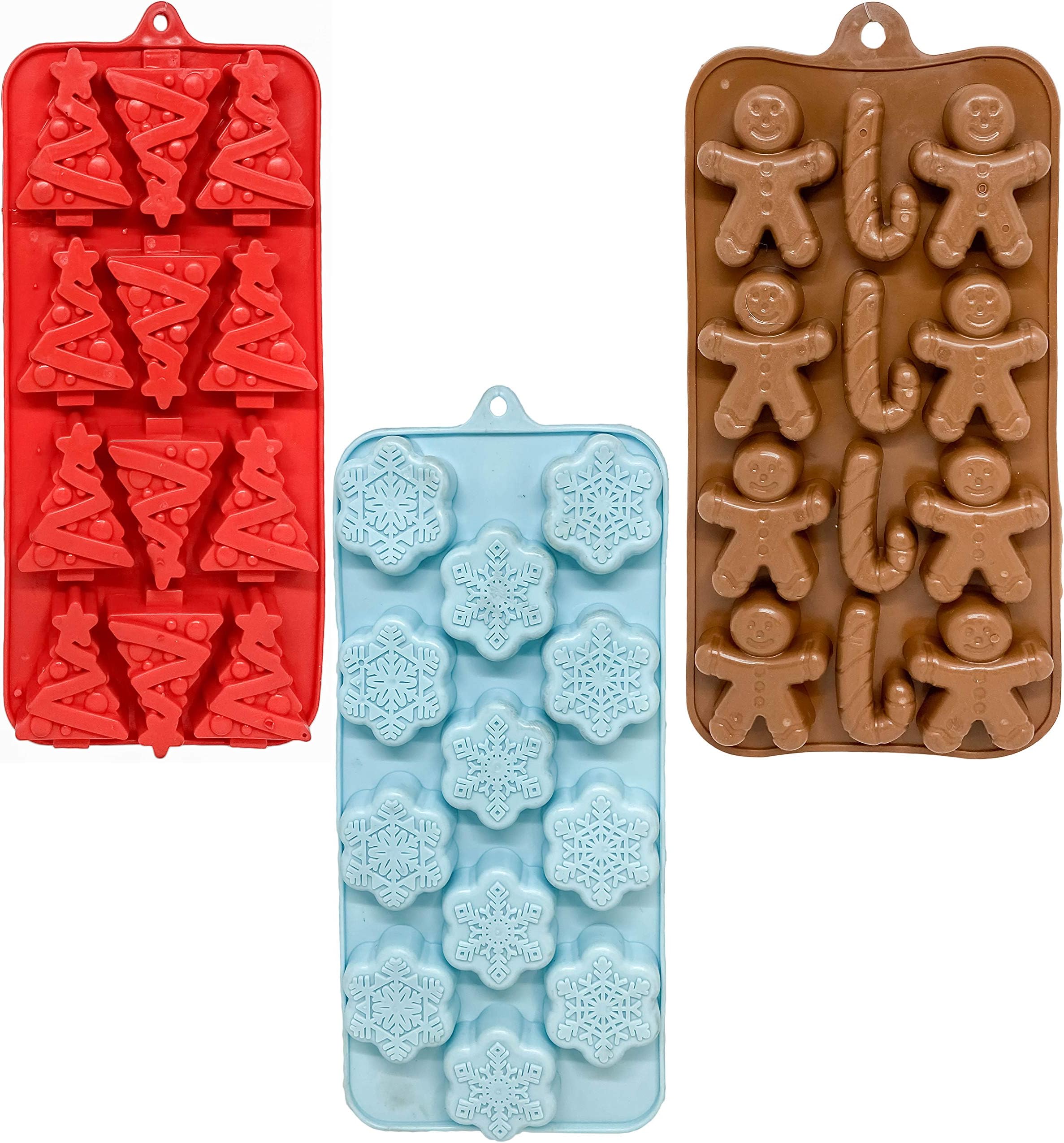 Set of 3 Holiday Christmas Shaped Silicone Ice Cube Soap Making Trays/Molds - Gingerbread Men/Candy Canes, Snowflakes & Christmas Trees Red, Brown, & Blue
