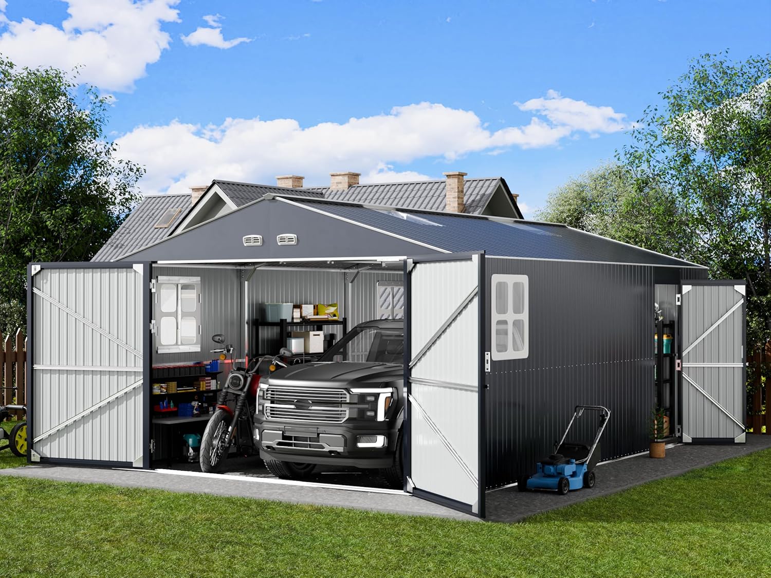 K Knowbody 13x20x8.3 FT Metal Garage Shed with Base Floor Kit, Ultra-Reinforced Powder-Coated 18-Gauge Steel Frame, 100 PSF Snow & 150 MPH Wind Rated, Skylight Dual-Entry Carport Workshop