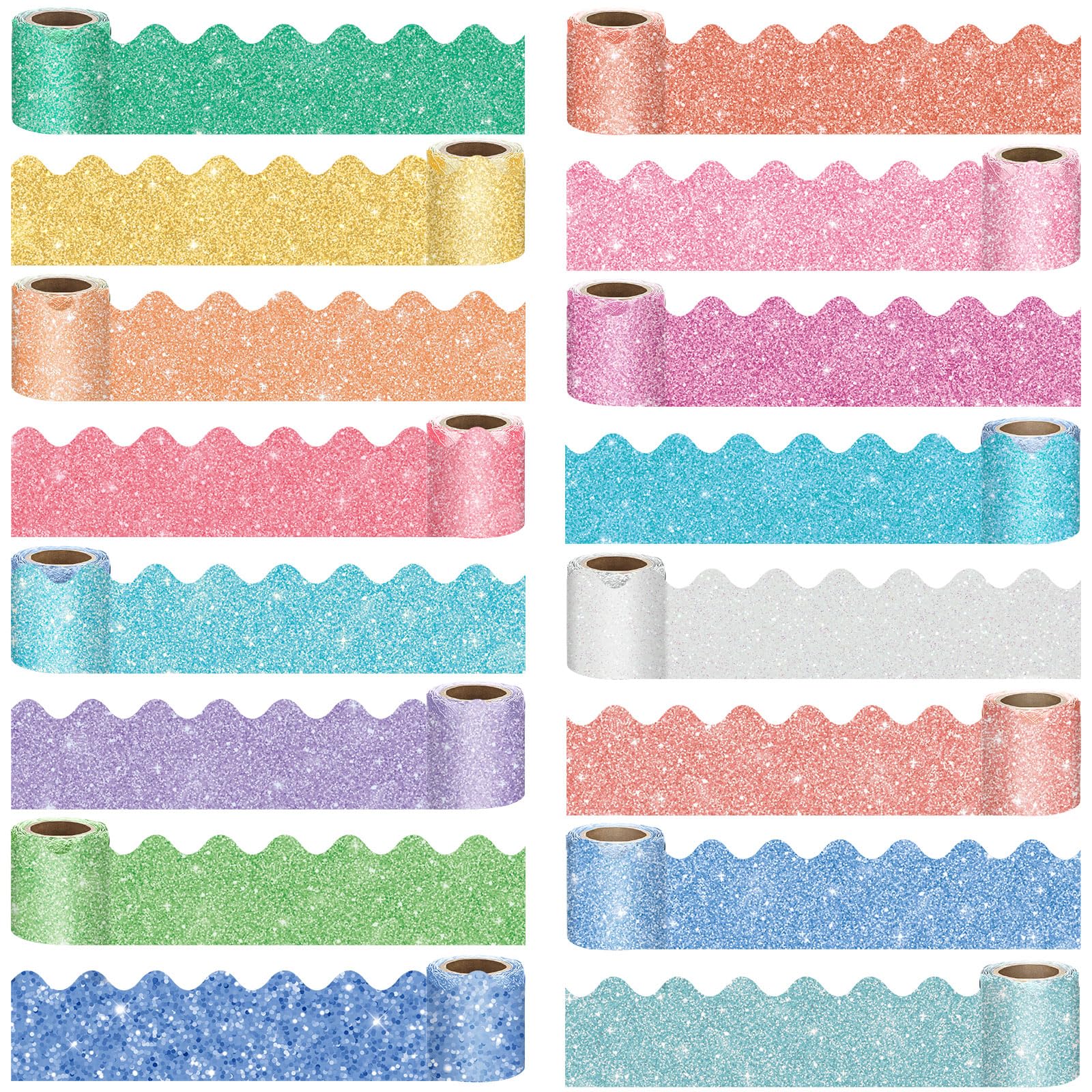 Qeeenar 16 Rolls 263 ft Glitter Bulletin Board Borders Scalloped Border Trim Colorful Bulletin Board Strips Shiny Classroom Decoration Strips Decorative Poster Borders for School Decor (Macaron Color)