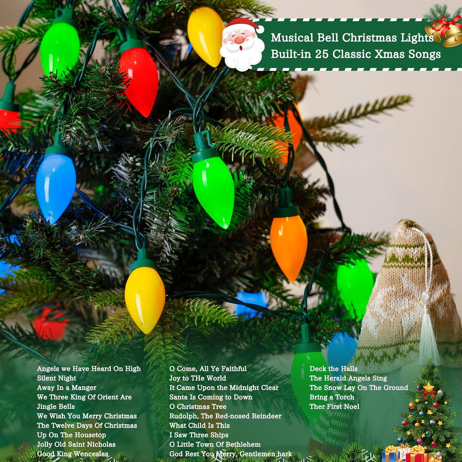 HAYATA Music Christmas Lights 35 LED C9 String Light - Fairy Xmas Decor Lighting for Outdoor, Indoor, Patio, Party, Home, Wreath, Garland, Christmas Tree Decoration. (Multi Color)