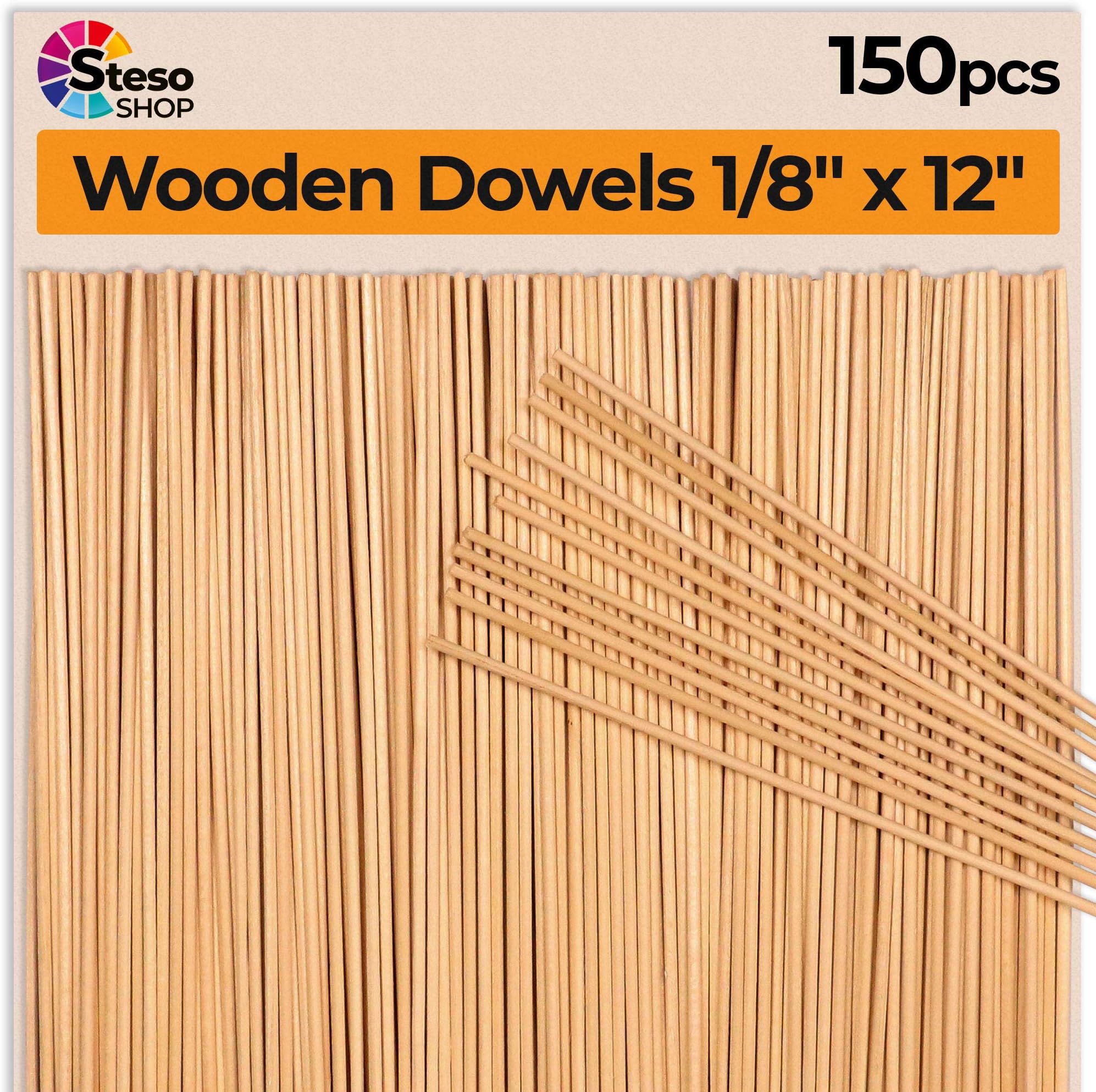 Steso Dowels Wooden Dowel Rods 150 pcs - 1/8 inch x 12 inch - Beechwood Craft Sticks