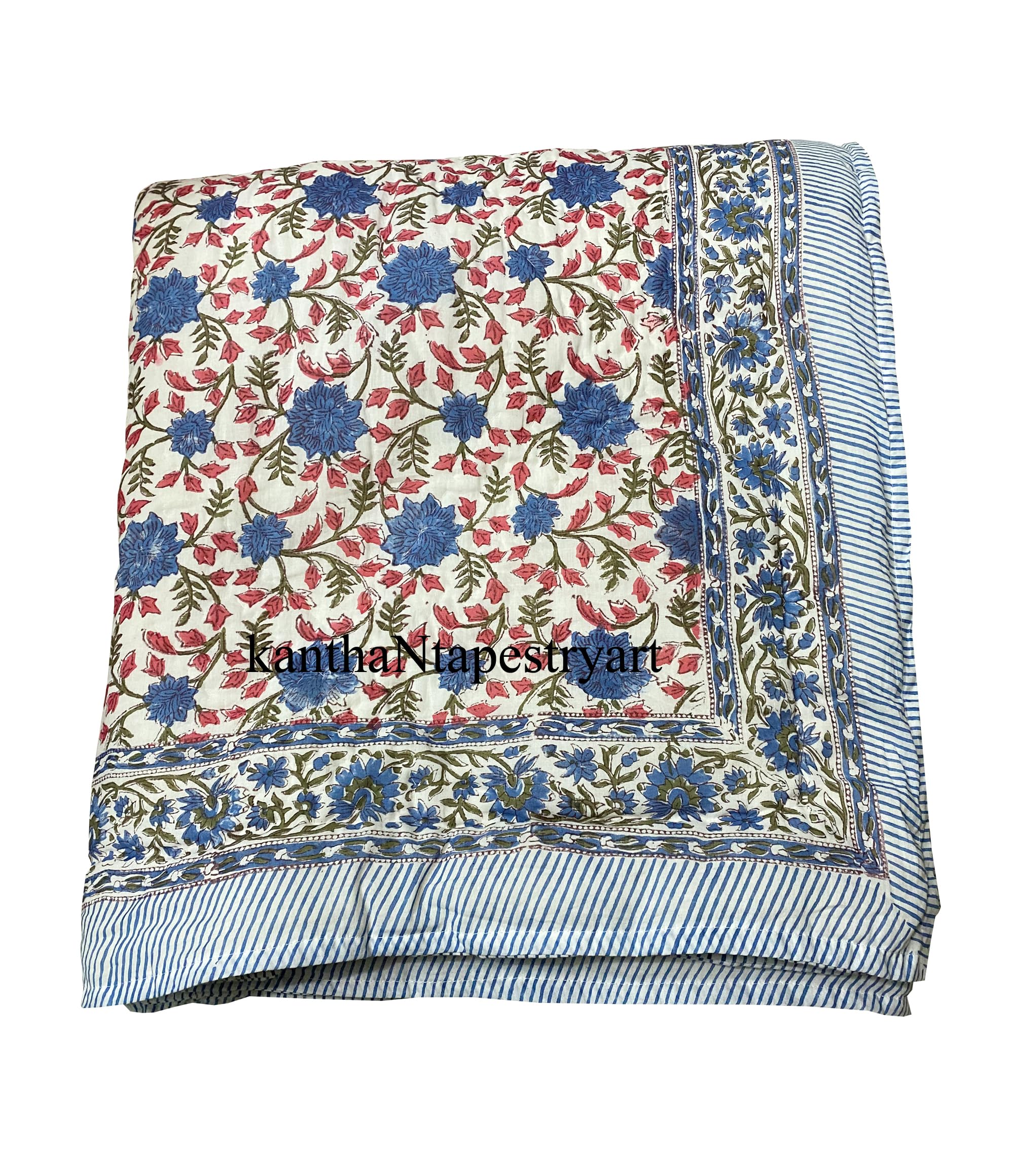 Handmade Jaipuri Razai Cotton Quilt - Lightweight, Reversible, Hand-Block Printed (Twin 60"x90")