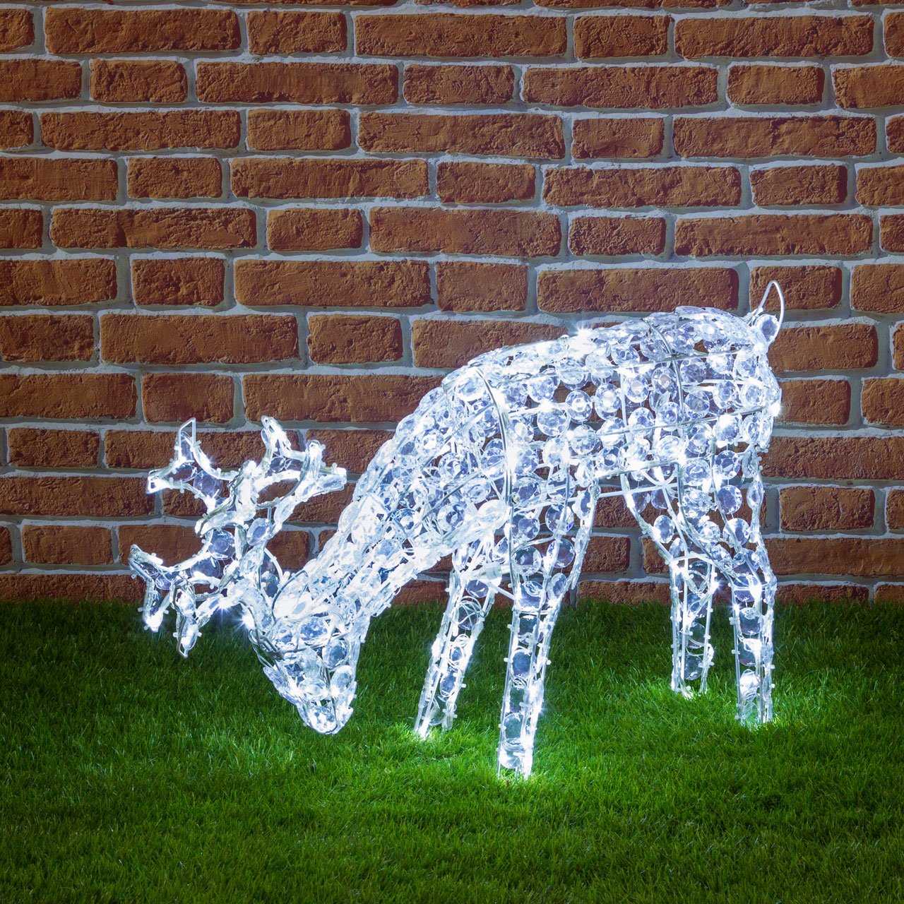 Renna con Cristalli Che bruca l'erba, h. 50 cm, 200 LED Bianco Freddo, soggetti Luminosi, Figure di Natale 3D, Decorazioni Natalizie