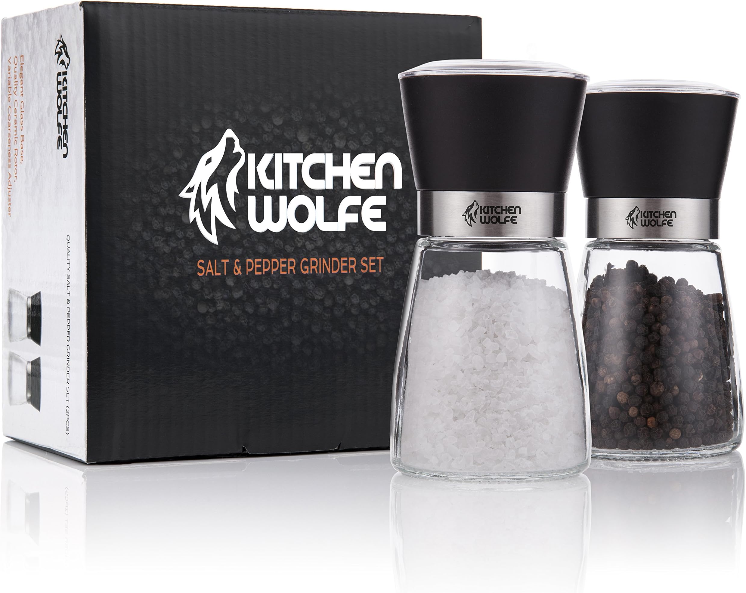 Glass Salt and Pepper Mills Grinder Set - (2pcs) - Elegant Salt Mill - Pepper Mill - Great for Himalayan Salt -Glass Body with Adjustable Ceramic Grinder -(No Spices Included)