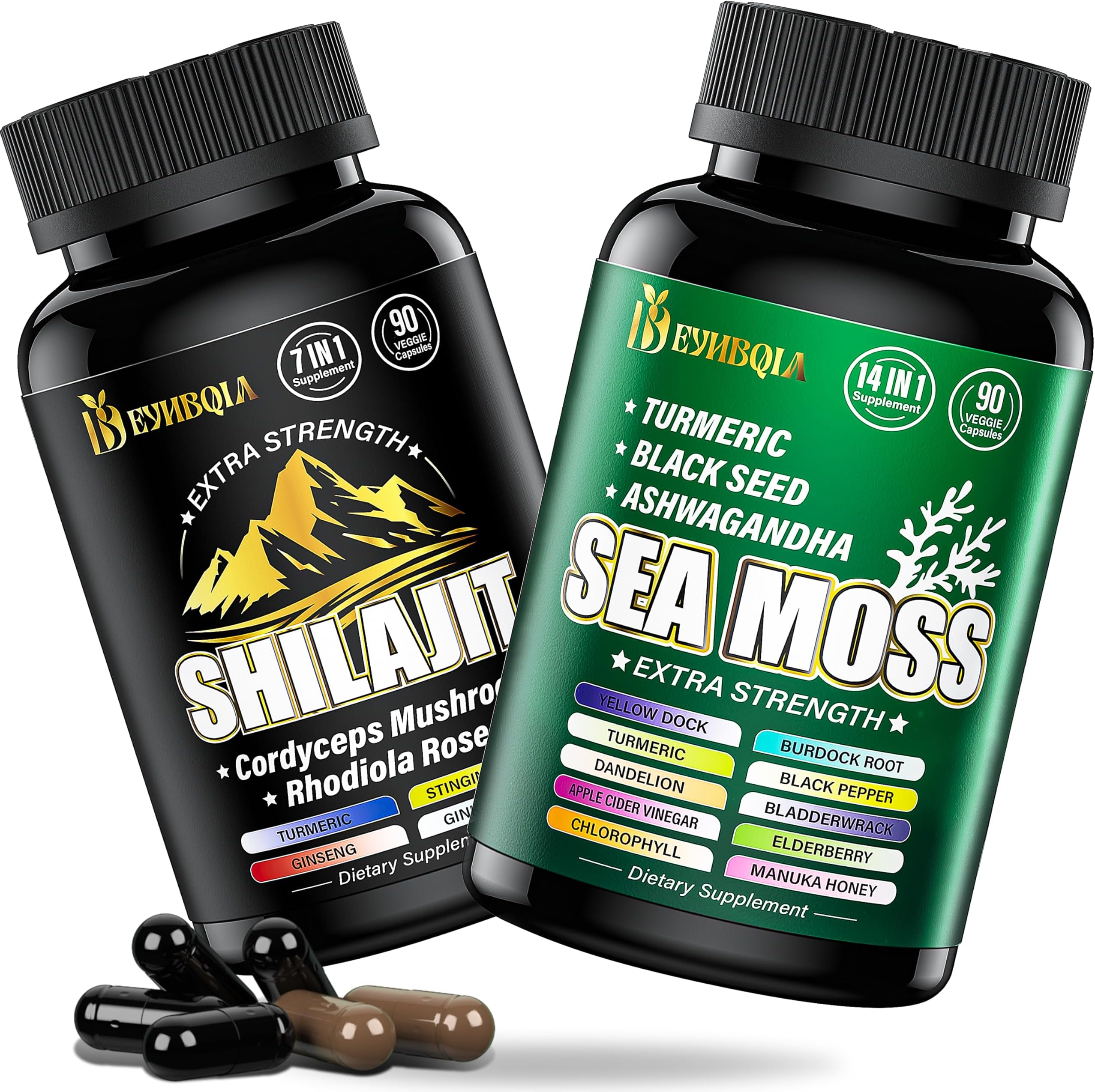 Sea Moss and shilajit Bundle - 90 Count - Sea Moss, Black Seed Oil, Ashwagandha, Turmeric & Shilajit, Rhodiola Rosea,Burdock, Bladderwrack 21 in 1 Supplements (2 Packs) Brown