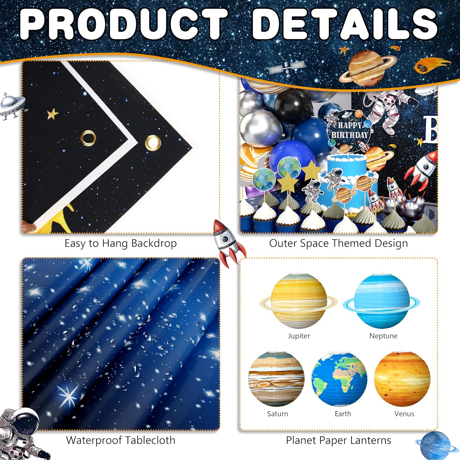 Outer Space Birthday Party Decorations Space Themed Party Supplies Planet Banner Backdrop Cake Topper Solar System Paper Lantern Galaxy Tablecloth Balloon Garland Kit for Space Astronaut Party Decor - Image 4