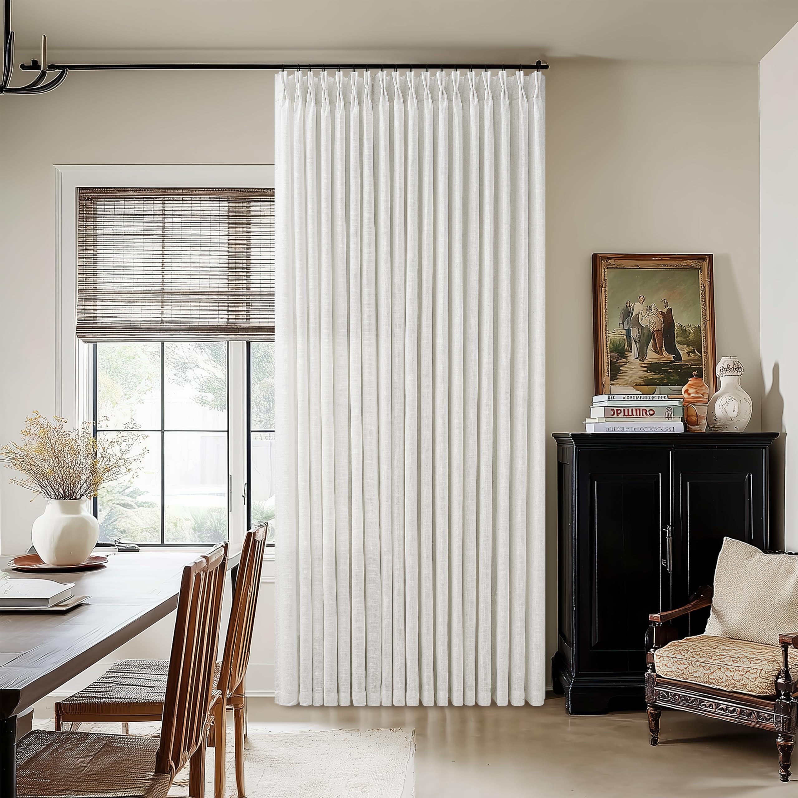 Ivory White Pinch Pleated Linen Curtains 102 Inches Long 60 Inch Width | Light Filtering, Semi Sheer, Large Long Window, for Living Room, Bedroom, Patio, Pinch Pleat Drapes, Hooks Rings, 1 Panel