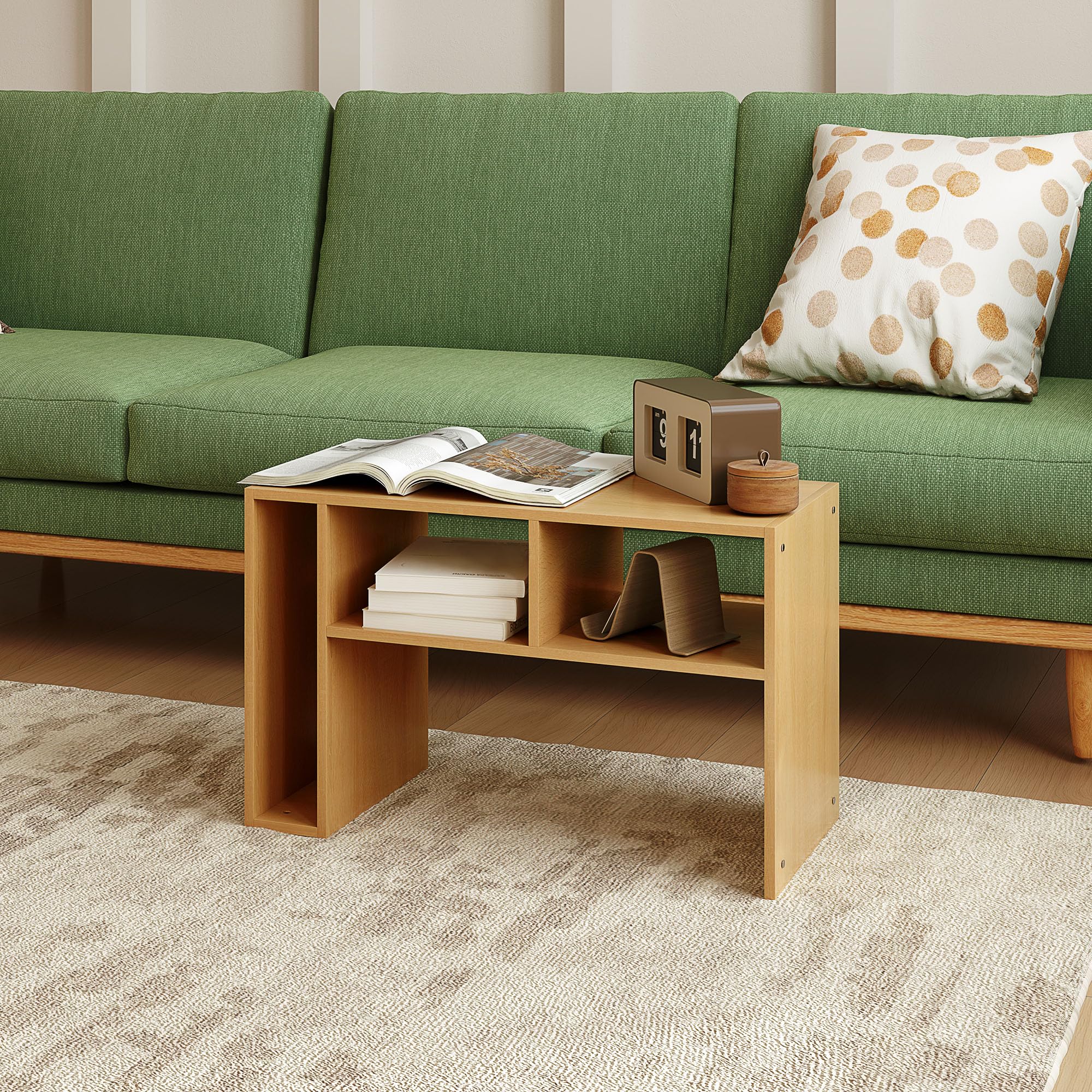 HOMCOM Mesa Auxiliar Multifuncional en Forma de C Mesa Auxiliar para Sofá con Ruedas Compartimentos Abiertos para Sofá Salón Dormitorio Oficina 40x30x69 cm Roble