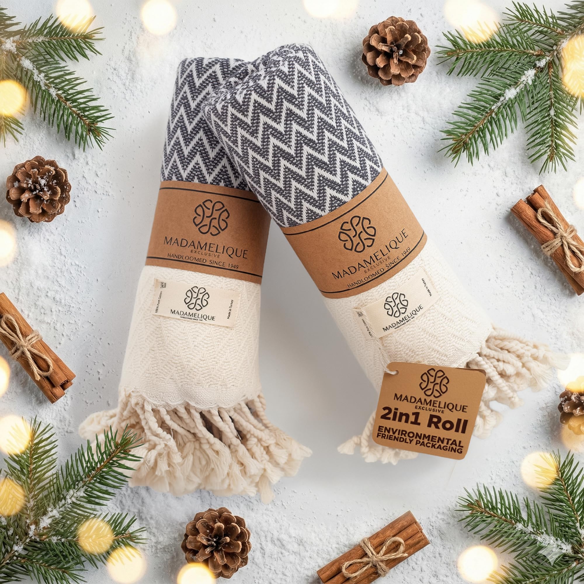 Madamelique Exclusive Hand Towels Set of 2-18 x 40 Inches - Decorative Bathroom Peshtemal Towel for Hand, Face, Hair, Yoga, Tea, Dishcloth, Kitchen and Bath - 100% Pure Cotton (Vintage Gray)