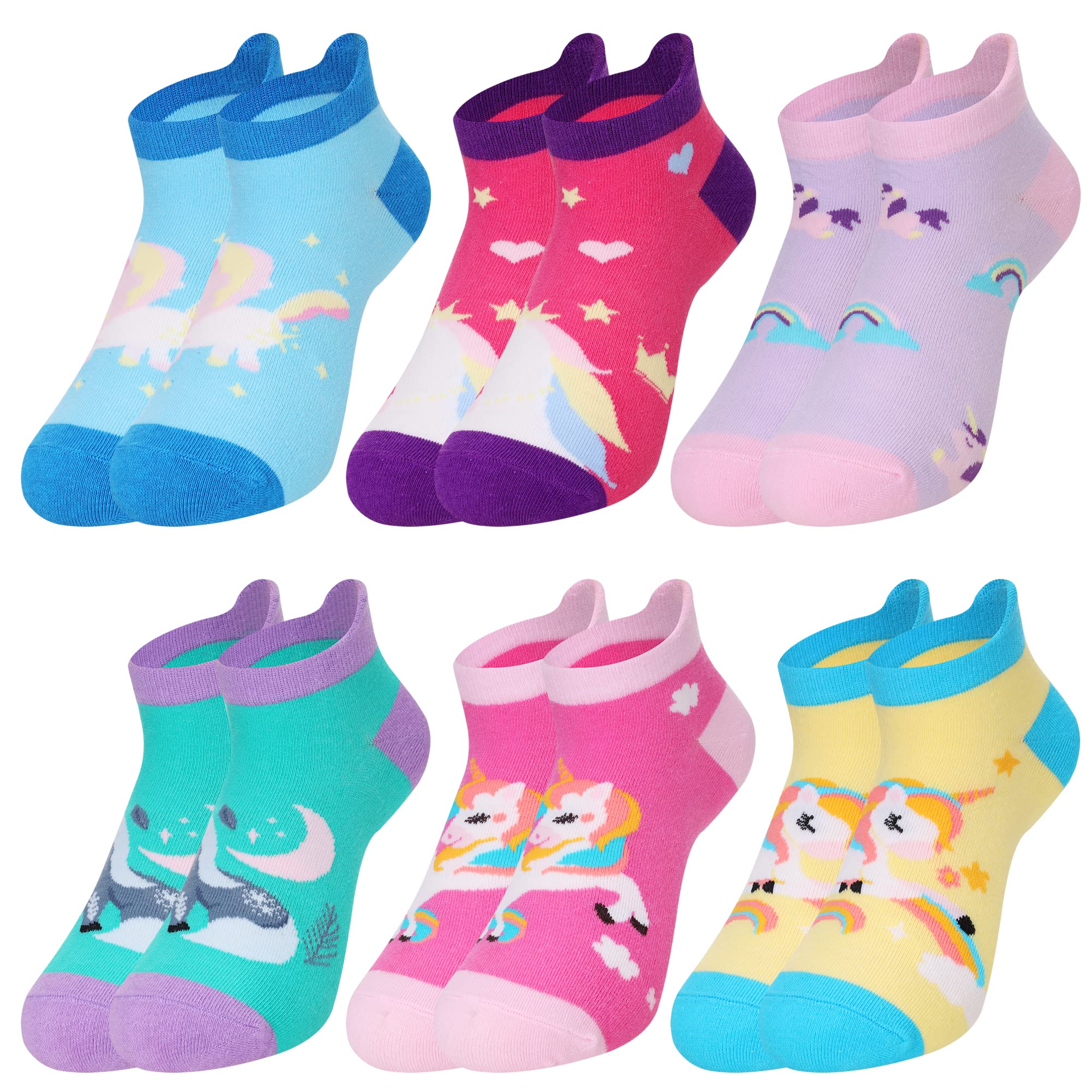 WEVIAS Kids Girls Socks Unicorn Ankle Funny Cartoon Low Cut Cotton Cute Novelty Fashion Toddler No Show Silly Socks 6 Pairs
